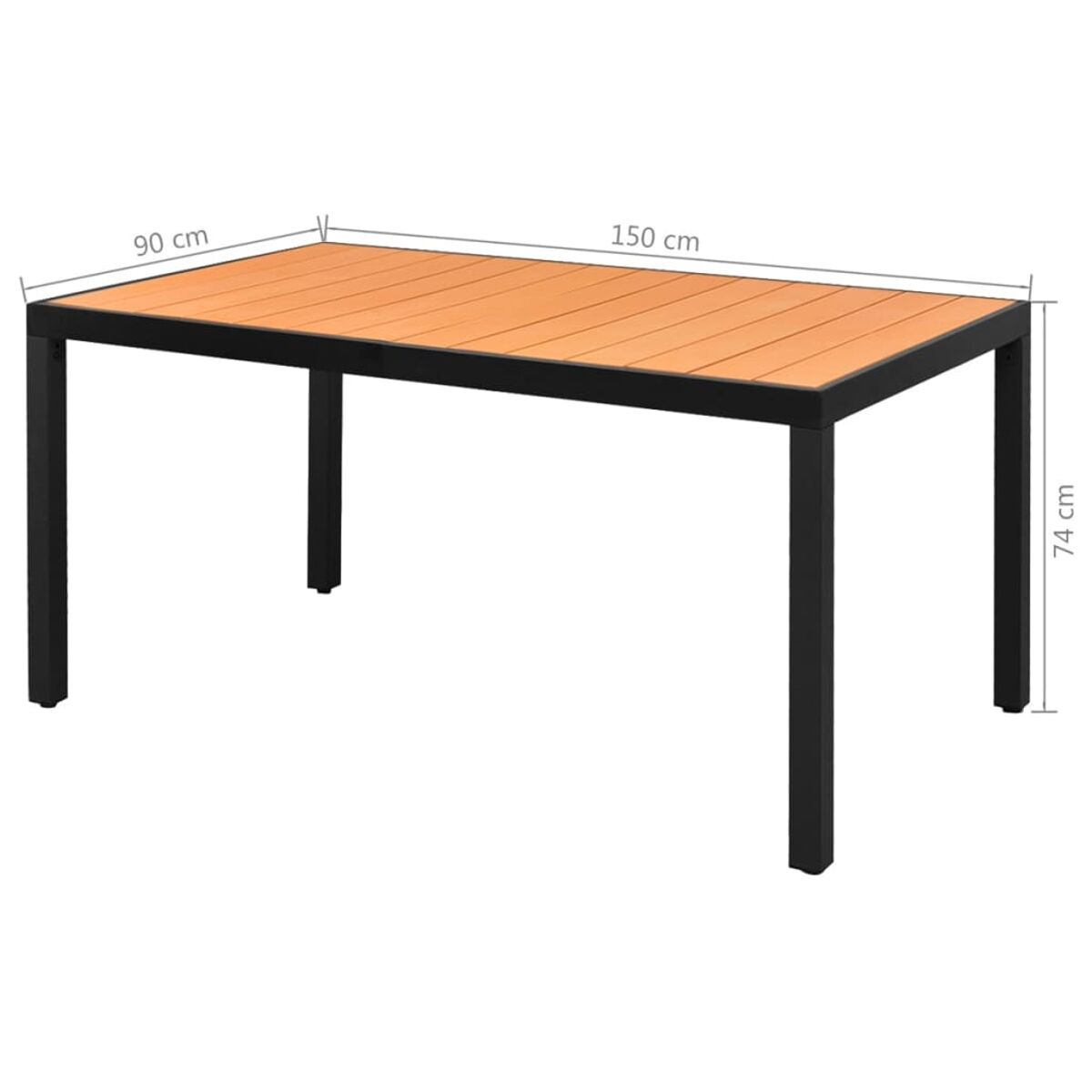 Rechteckiger Tisch für draußen. Maße: 150 cm lang, 90 cm breit und 74 cm hoch.