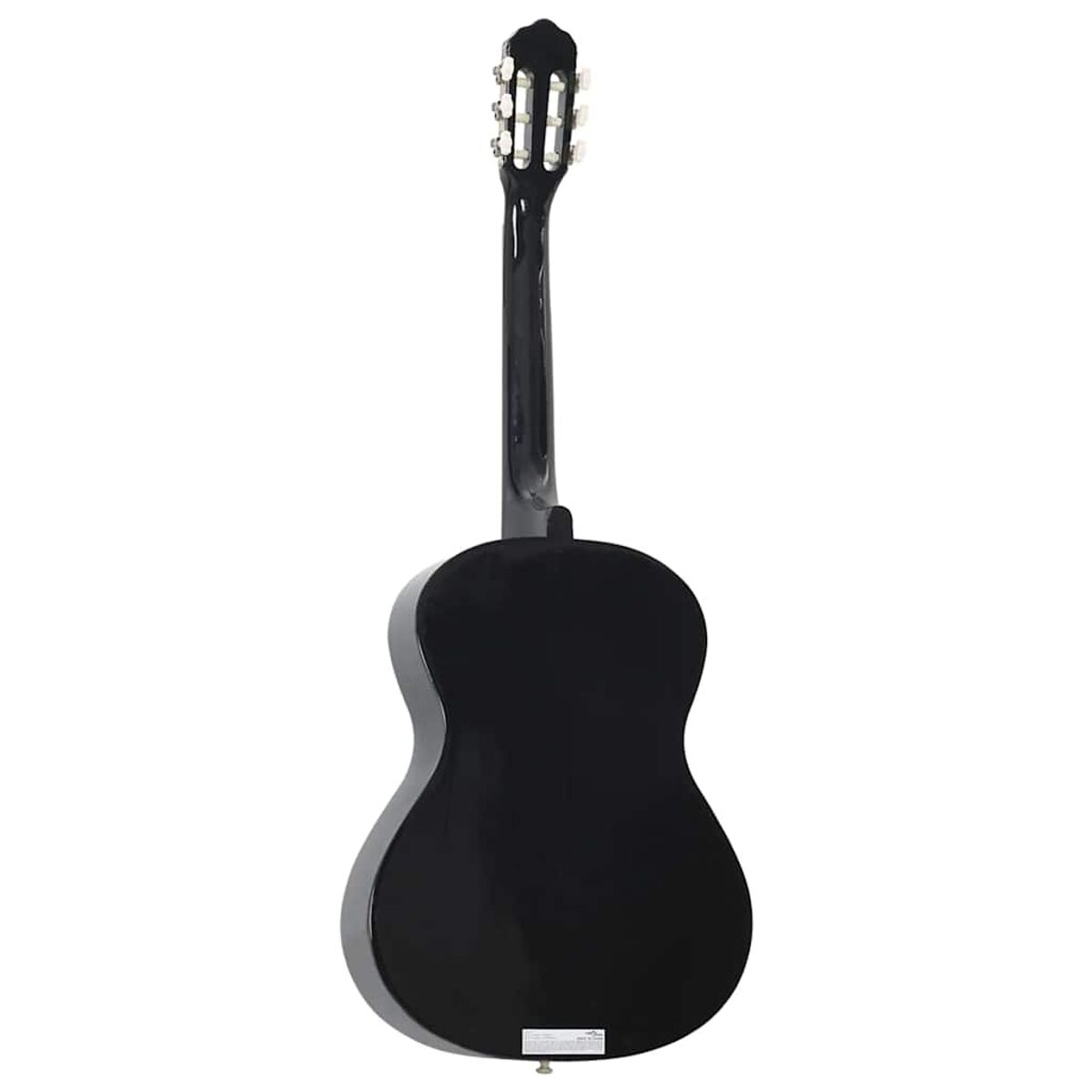 Rückseite einer schwarzen Gitarre. Weißer Hintergrund.