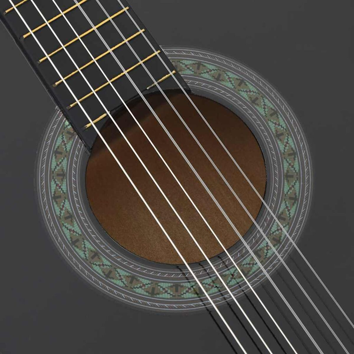 Nahaufnahme des Schalllochs und der Saiten einer schwarzen Akustikgitarre.