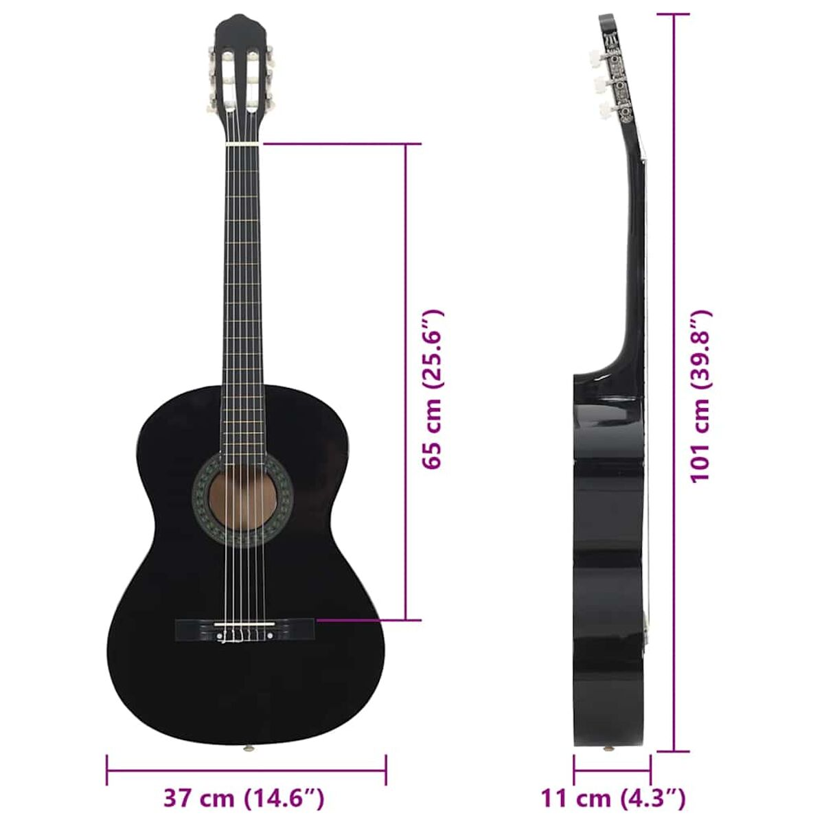 Schwarze Gitarre mit beschrifteten Abmessungen. Sie befindet sich auf weißem Hintergrund.