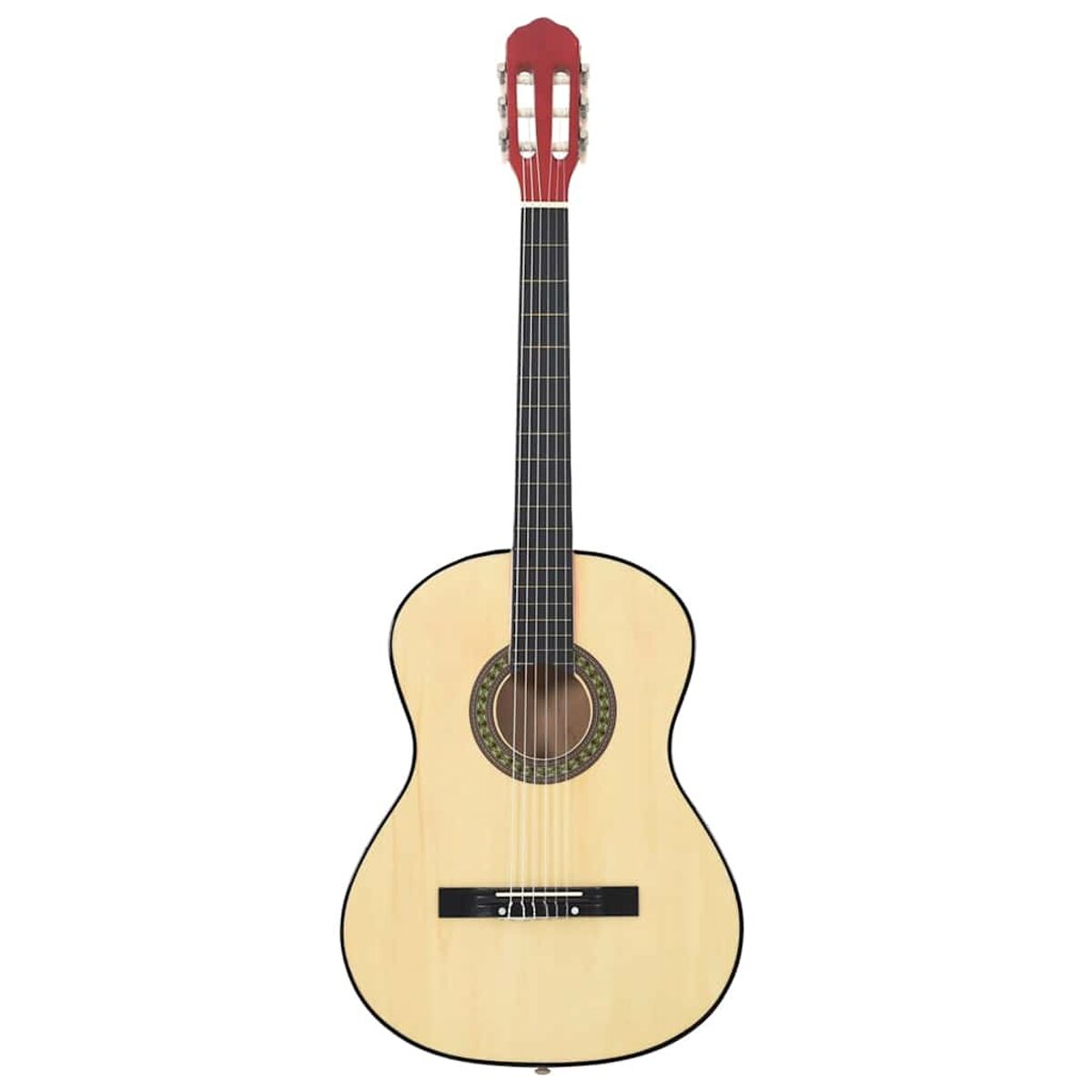 Akustikgitarre mit hellem Holzkorpus, schwarzem Griffbrett und roter Kopfplatte.
