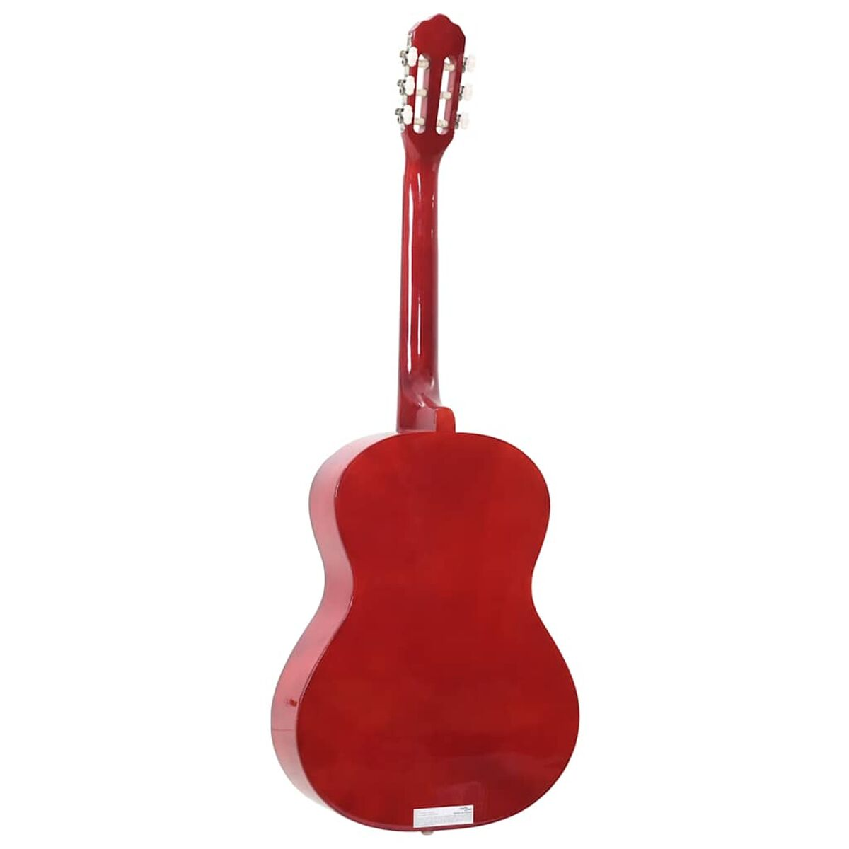 Rote klassische Gitarre. Rückansicht, glänzende Oberfläche. Weißer Hintergrund. Hals und Kopfplatte sichtbar.