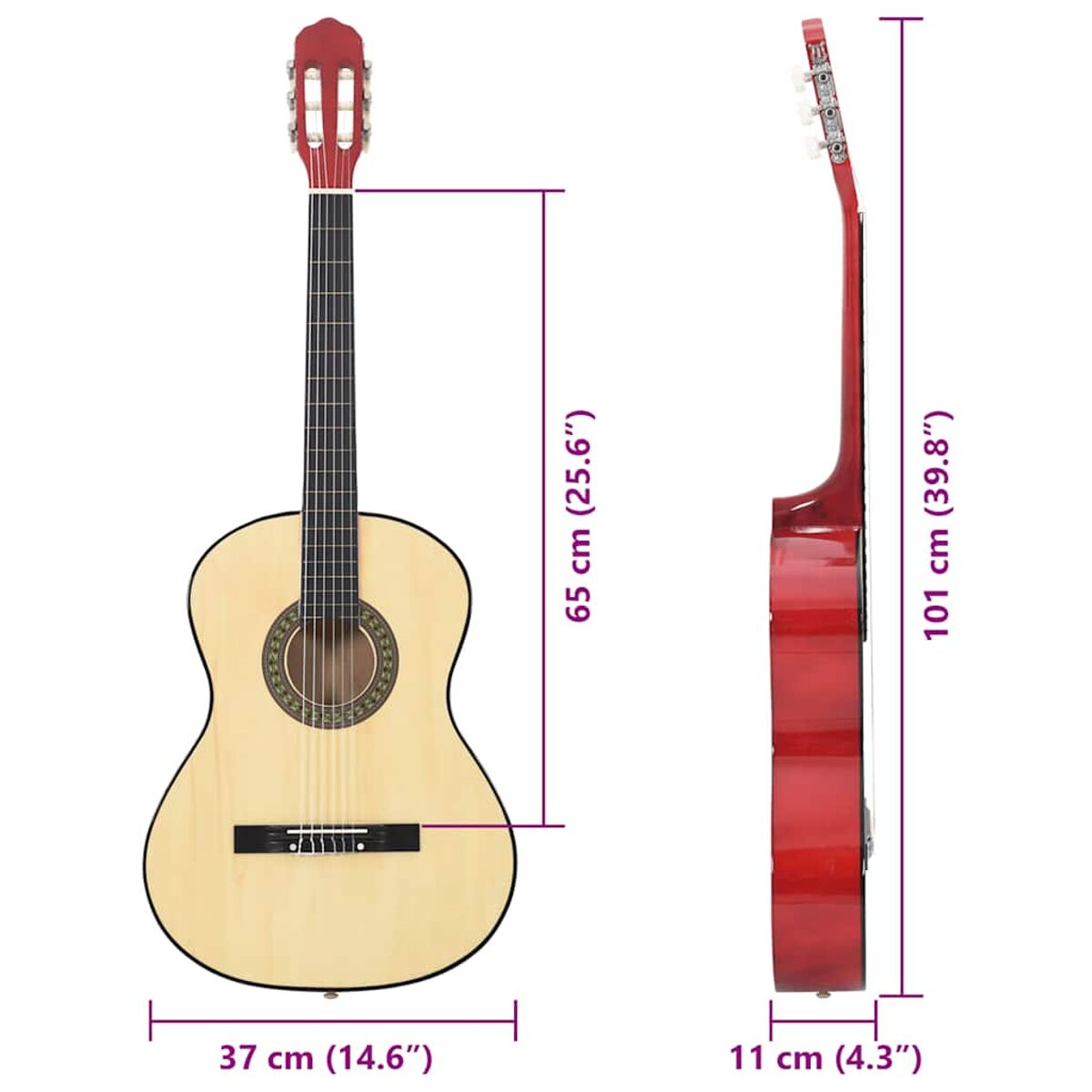 Klassische Gitarre. Holzkörper, roter Hals. Abmessungen sind im Bild angegeben.