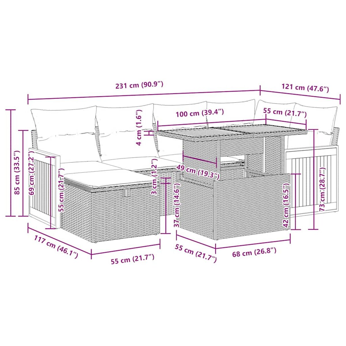 Ein Rattan-Outdoor-Sofagarnitur mit Tisch, Kissen und Abmessungen angegeben.