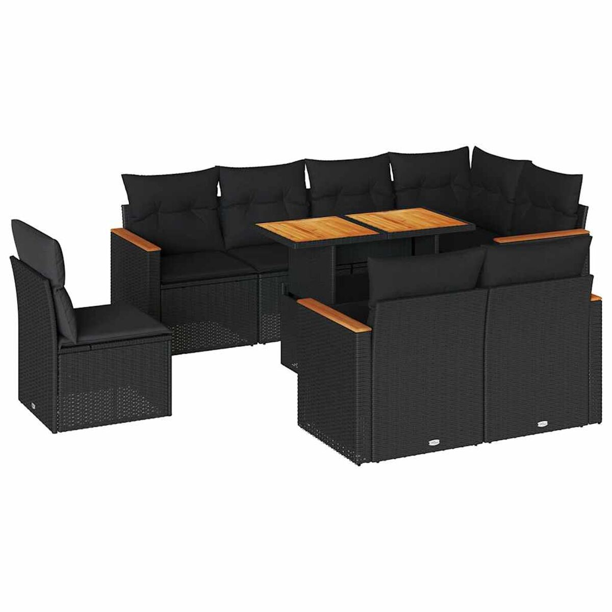 Set di mobili da patio in vimini nero con cuscini e tavolo in legno. Include sedie e divano componibile.