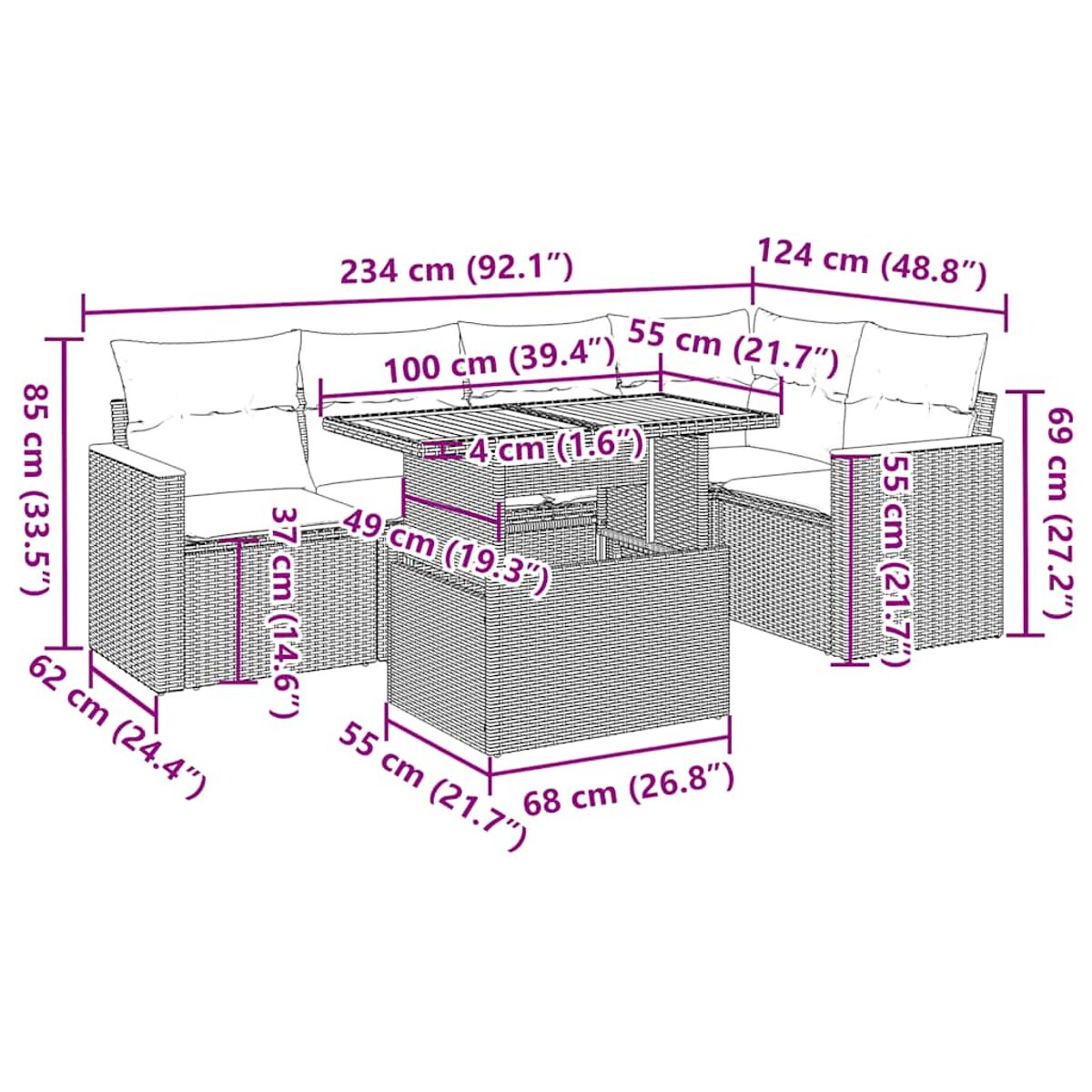 Diagramm eines Outdoor-Möbelsets aus Korbgeflecht mit Abmessungen in cm und Zoll.