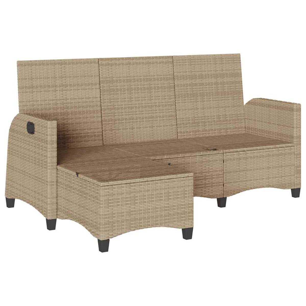 Divano componibile da esterno in vimini beige con vano contenitore, gambe nere e cuscino chiaro.