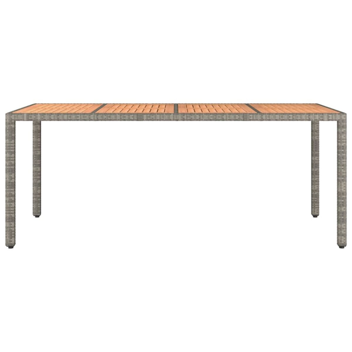 Ein rechteckiger Tisch mit Holzplatte und grauen Metallbeinen.