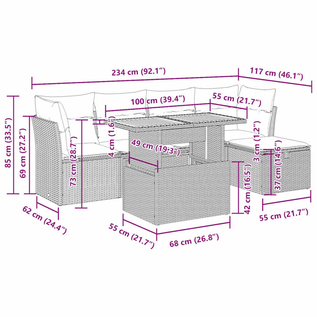 Outdoor-Korbgeflecht-Möbelset, Abmessungen gezeigt. Enthält Sofa, Tisch und Ottomane.