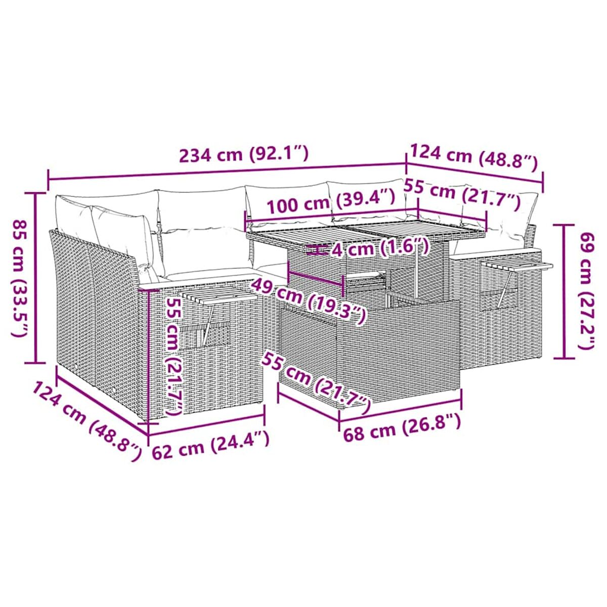 Abmessungen des Gartenmöbelsets. Maße eines Terrassensets.