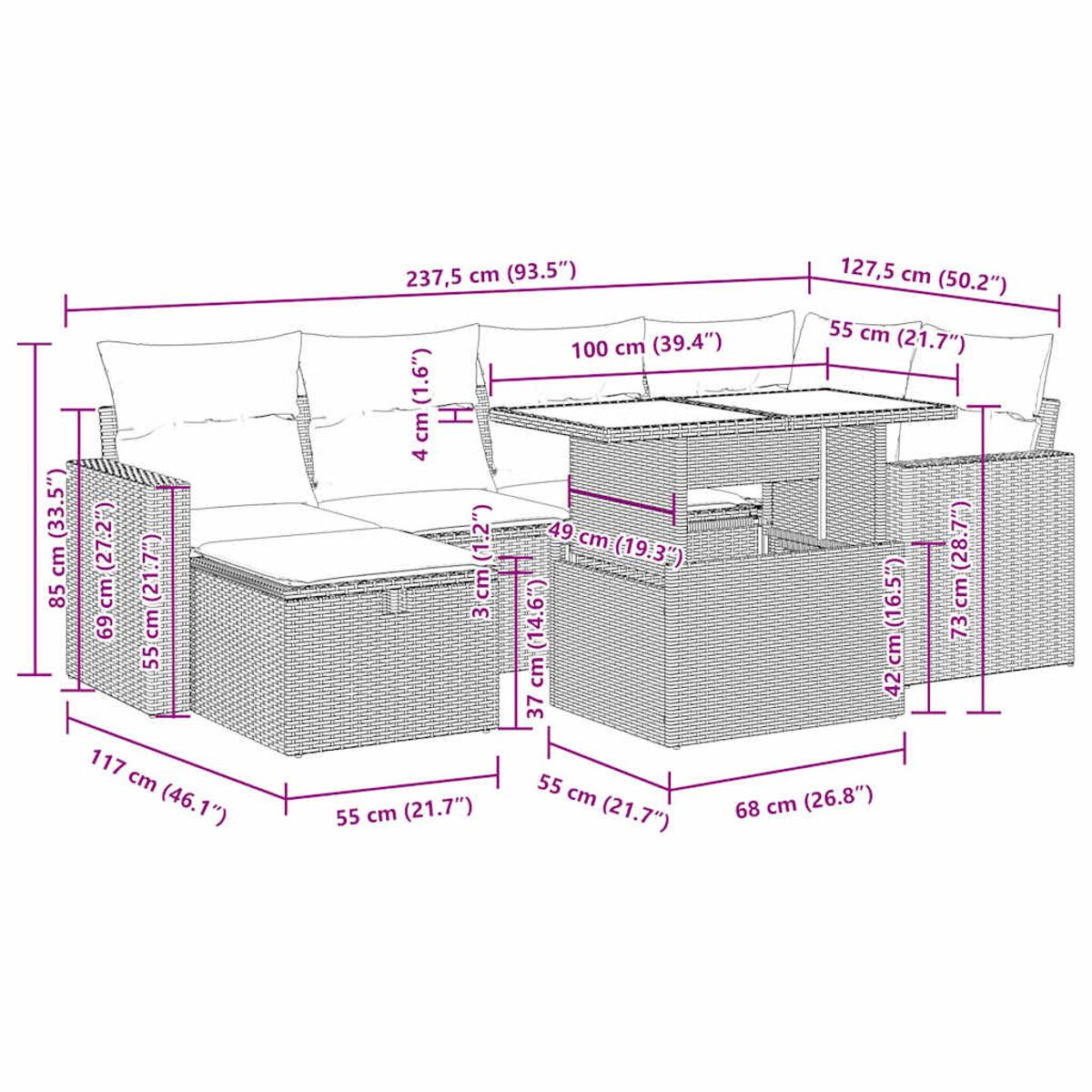 Ein großes Outdoor-Rattan-Ecksofa mit in Zentimetern und Zoll beschrifteten Abmessungen.