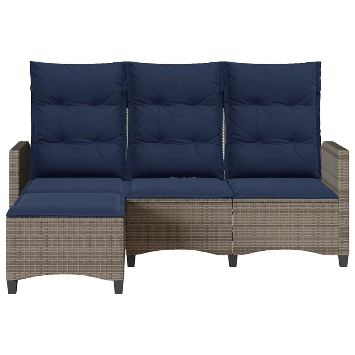 Outdoor-Sofa mit dunkelblauen Kissen. Das Sofa ist hellbraun.