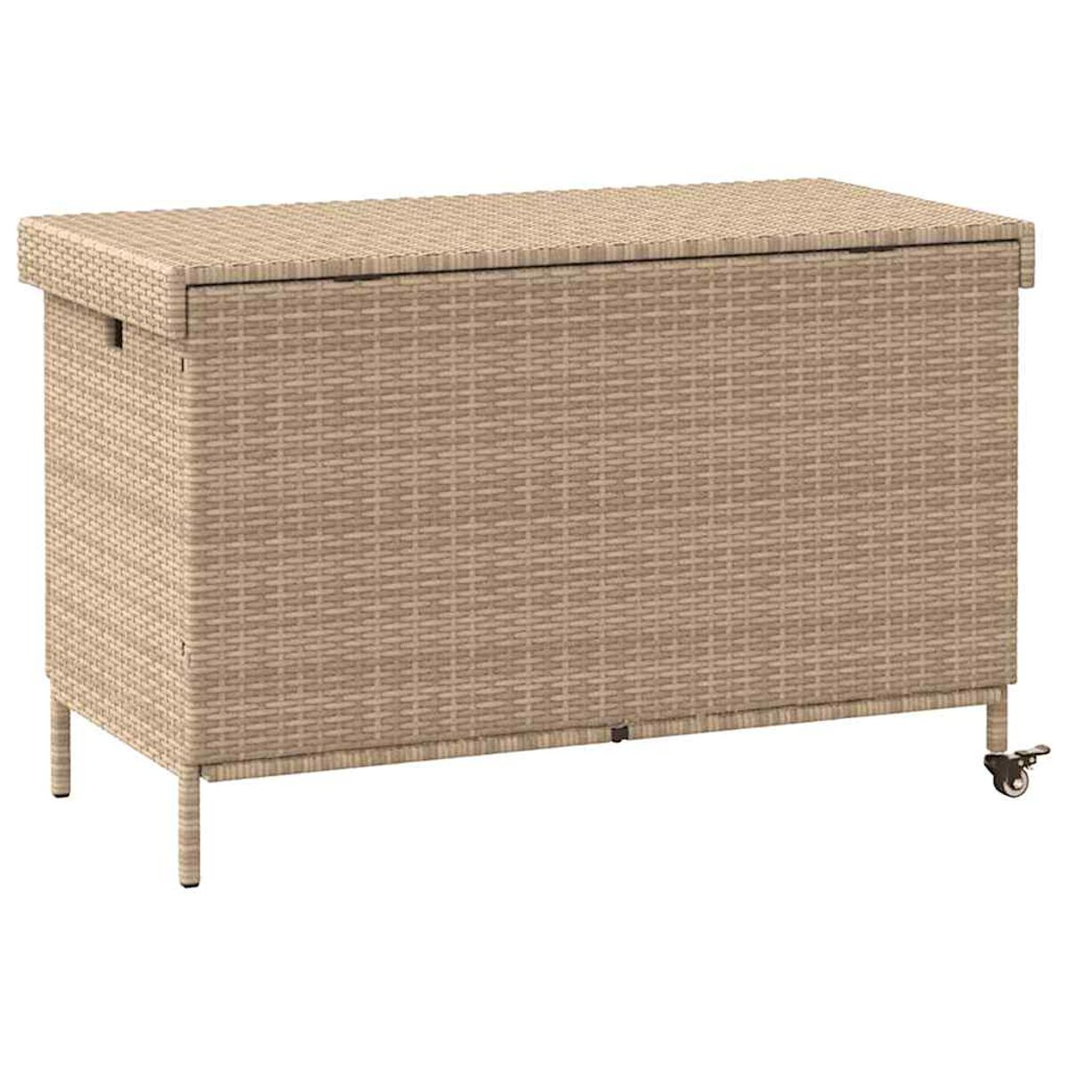 Wicker-Außenaufbewahrungsbox auf Rädern mit Deckel, beige Farbe, vor weißem Hintergrund.
