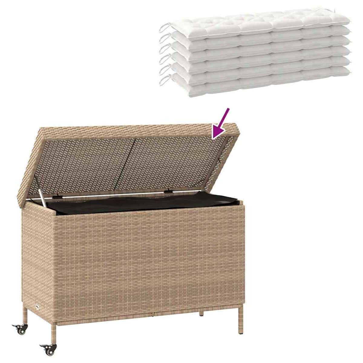 Wicker-Truhe mit offenem Deckel und Kissen. Beige. Stapel weißer Kissen im Hintergrund.