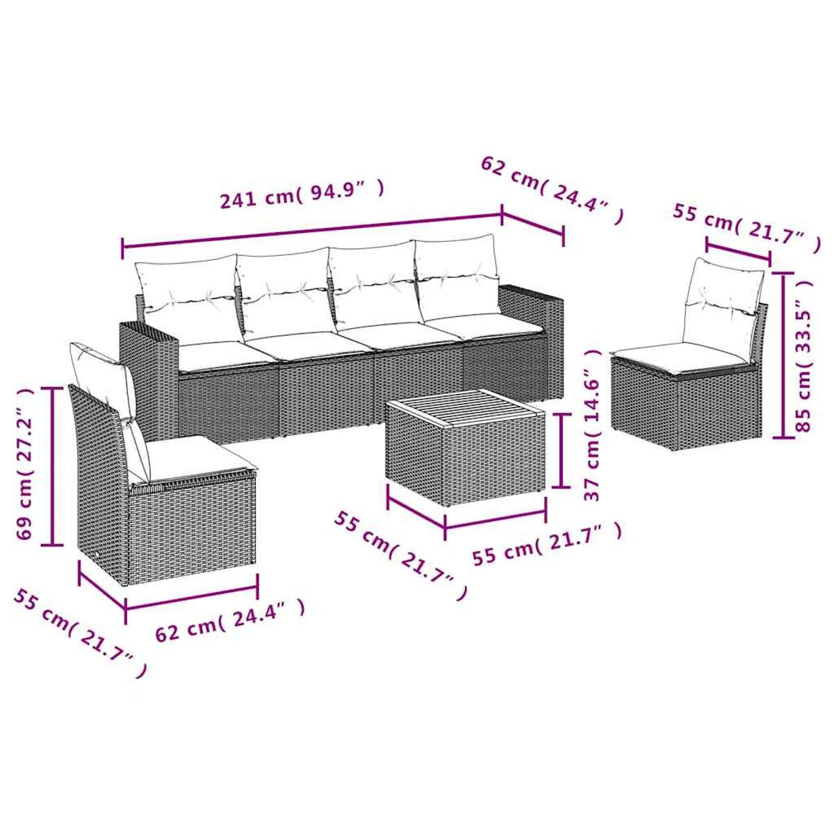 Gartenmöbel-Set aus Korbgeflecht mit Maßangaben. Sofa, Stühle und Tisch. Weißer Hintergrund.
