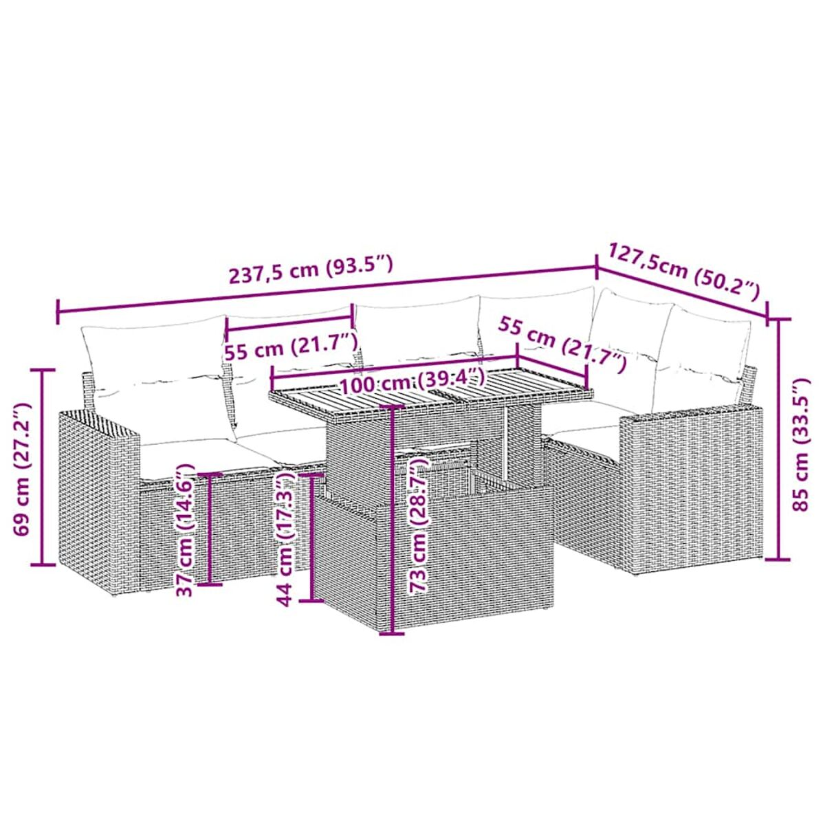 Diagramma di un set di mobili da esterno intrecciati con dimensioni mostrate.
