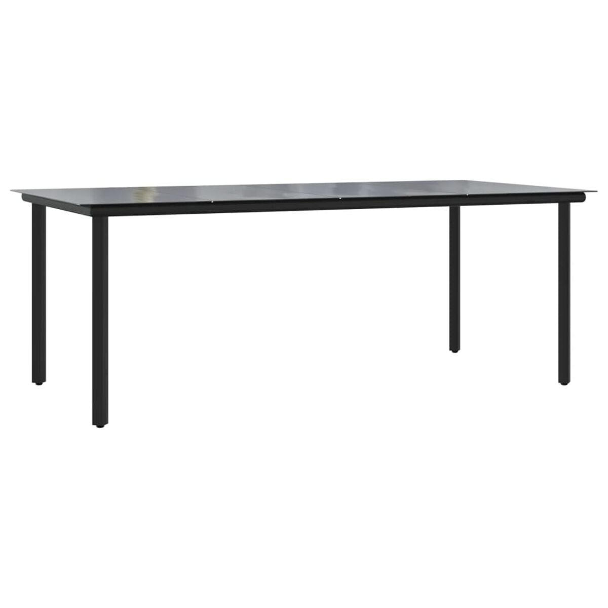 Ein schwarzer Tisch mit dünnen Beinen. Der Tisch ist leer und hat ein schlichtes Design.