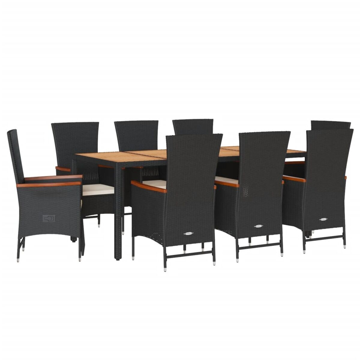 Set da pranzo all'aperto con sedie nere e tavolo marrone su bianco.