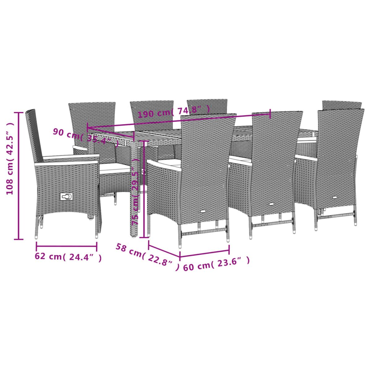 Set da pranzo in vimini con dimensioni. Include un tavolo e otto sedie con cuscini.