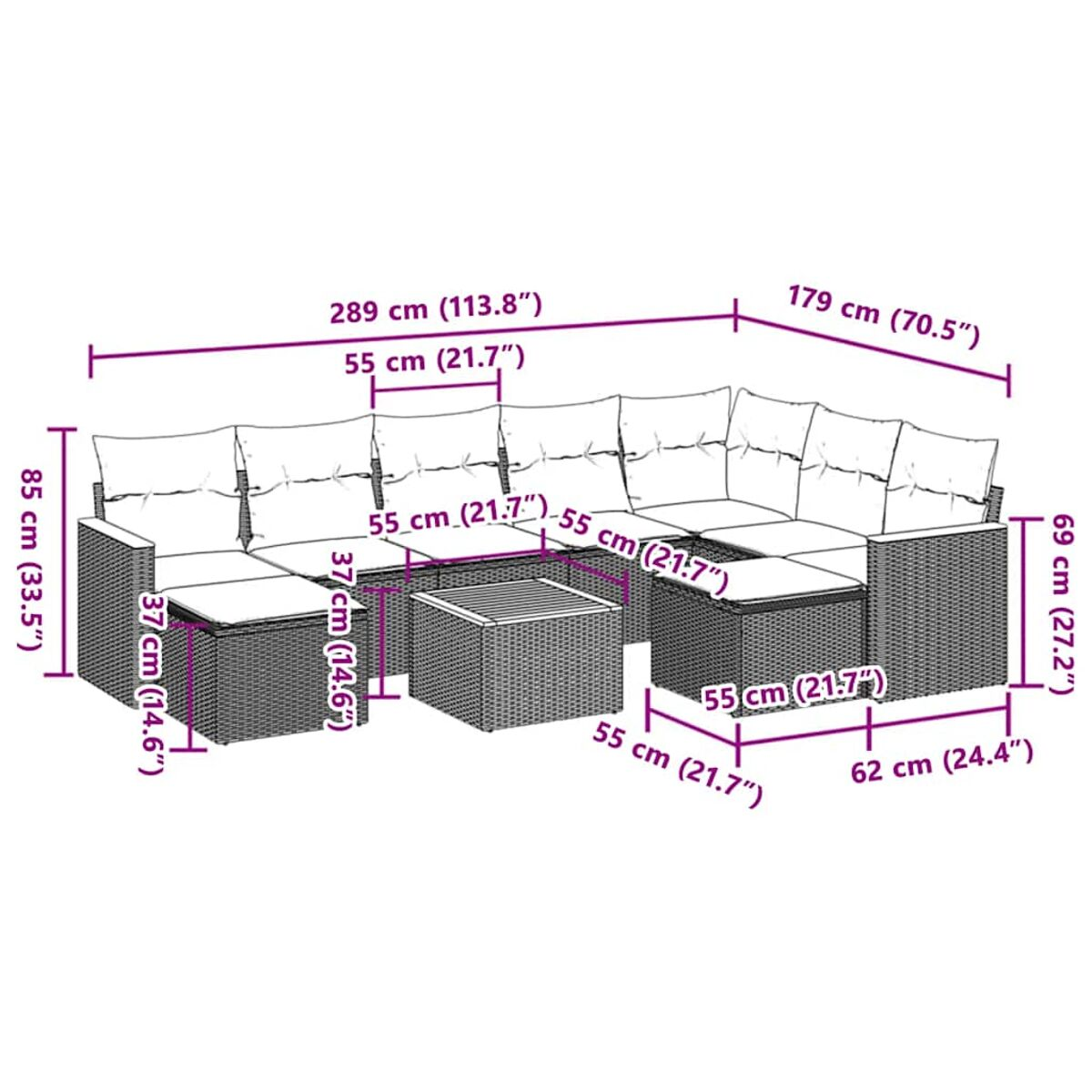 Diagramm eines Outdoor-Ecksofas mit Abmessungen in cm und Zoll.
