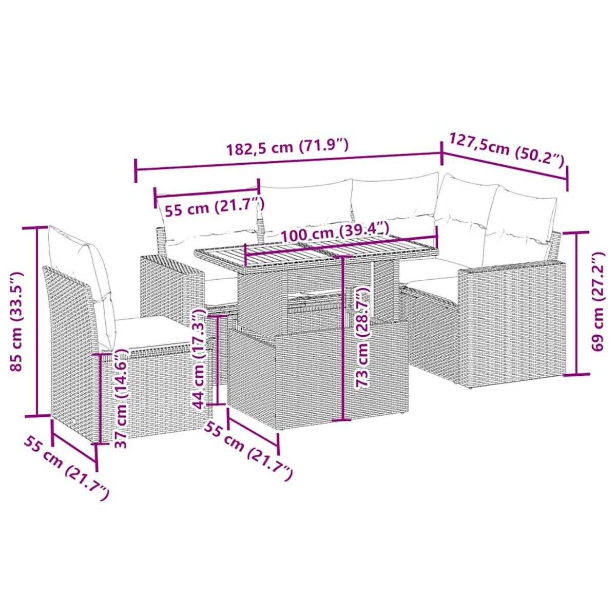 Diagramma di un set di divani componibili in rattan per esterni e un tavolo con misure.