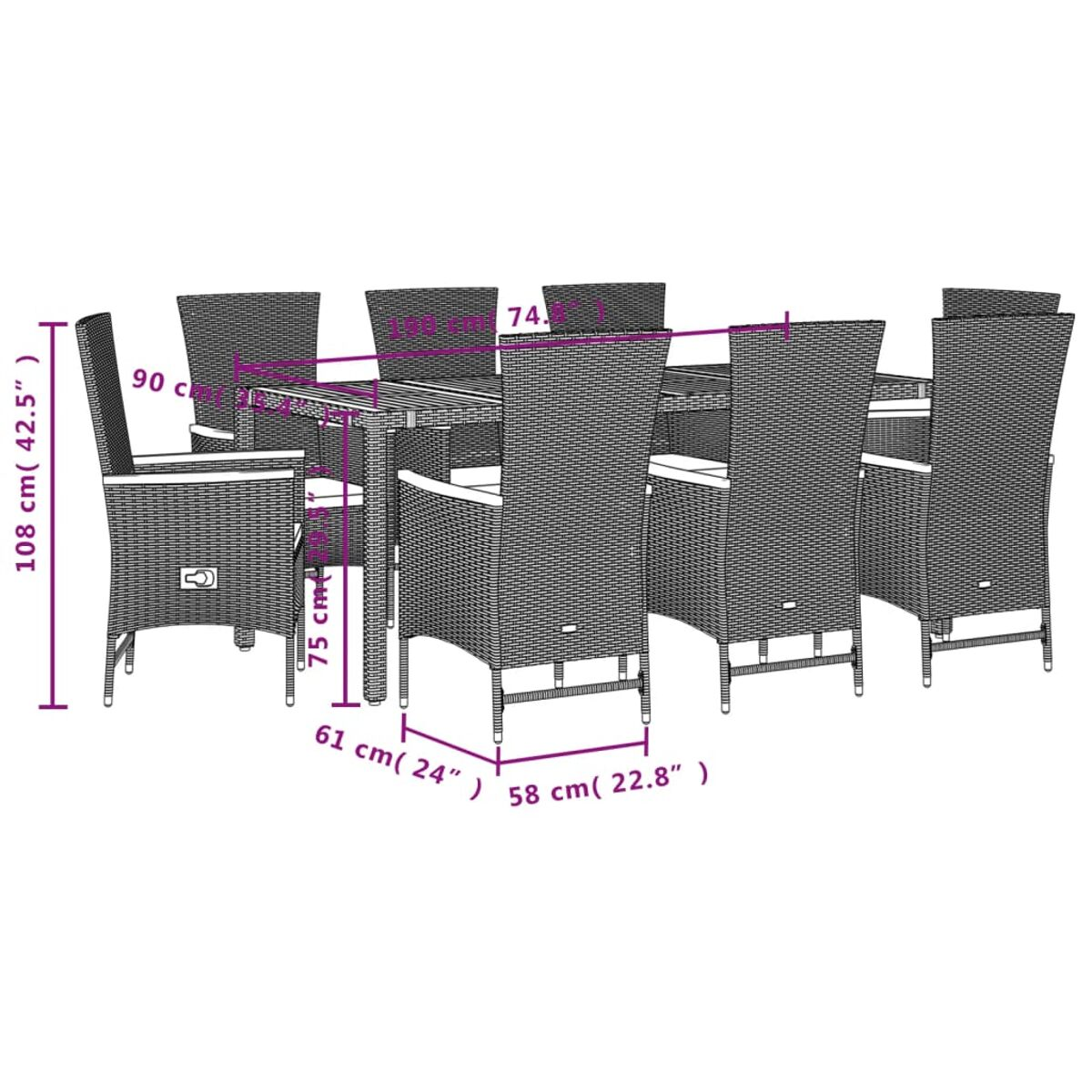Un juego de patio de ratán con mesa y 8 sillas, con etiquetas de dimensiones.