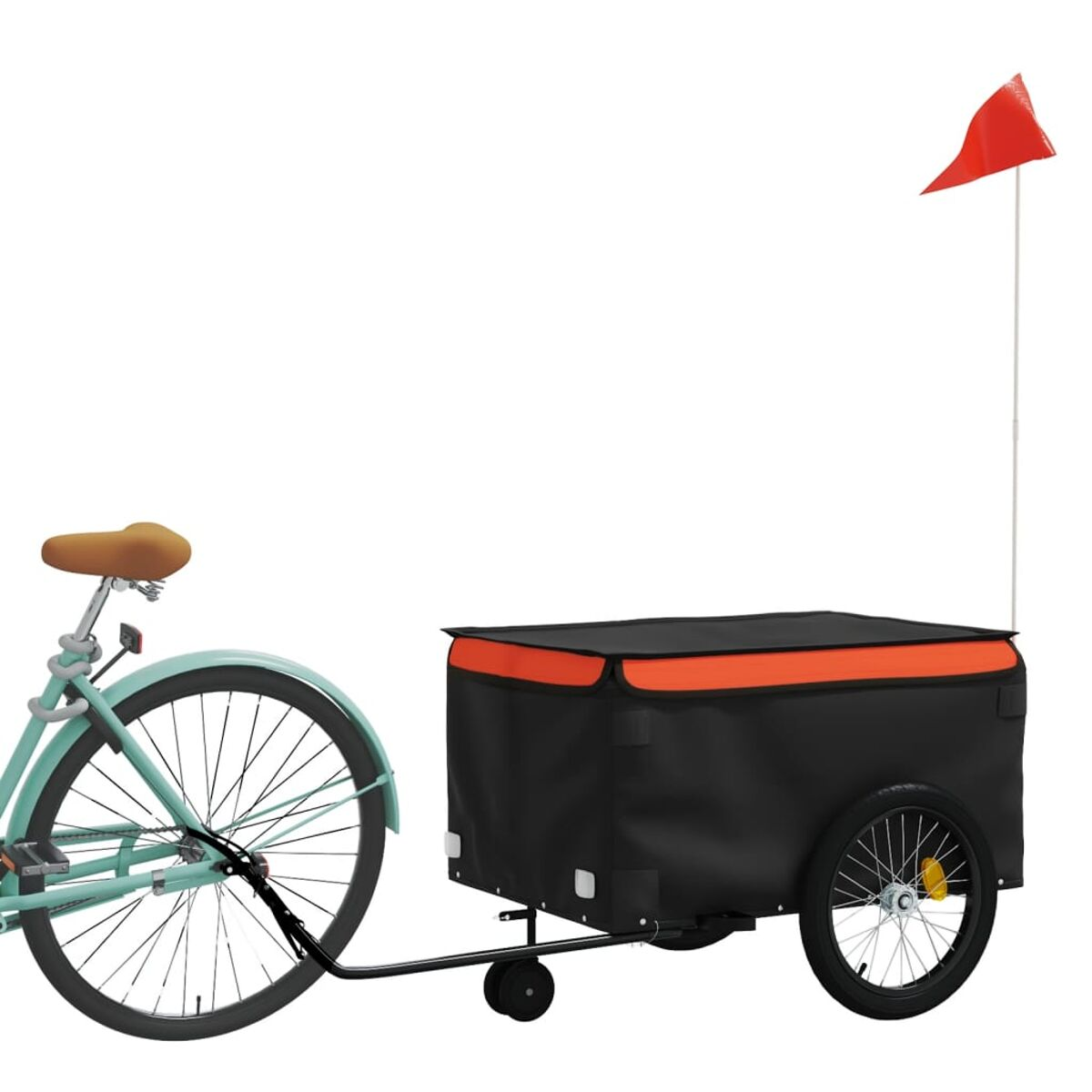 Ein Fahrrad mit Anhänger. Der Anhänger hat einen schwarzen Container mit orangefarbenem Deckel und roter Flagge.