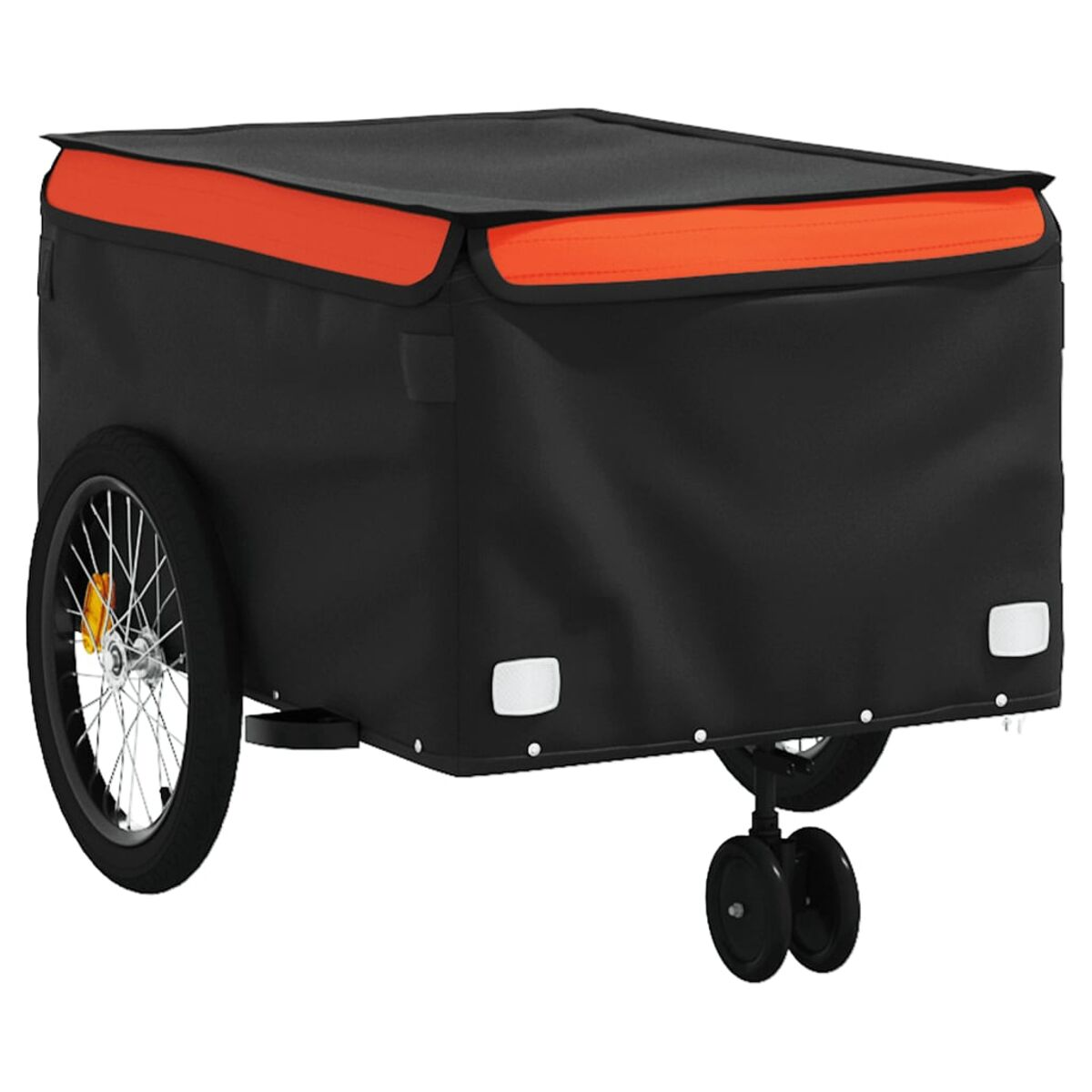 Schwarz-oranger Lastenanhänger für Fahrräder. Er hat zwei Räder und eine orangefarbene obere Abdeckung.