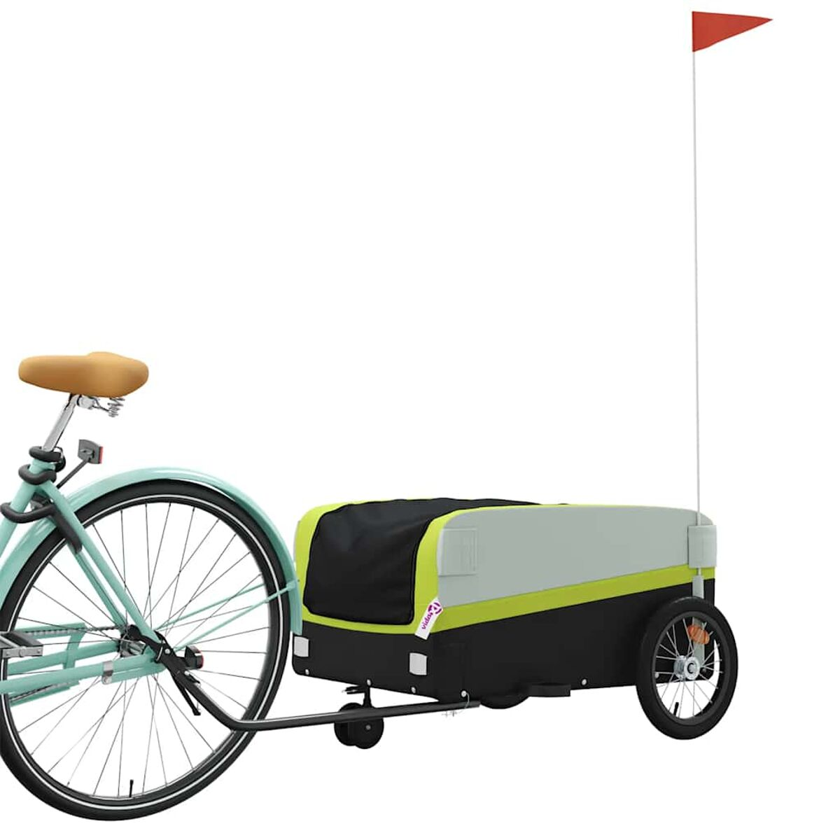 Ein Fahrrad mit Anhänger, ein rotes Fähnchen am Anhänger.