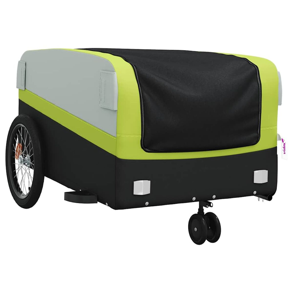 Grüner und grauer Fahrradanhänger mit einem Rad und zwei kleineren Rädern hinten.