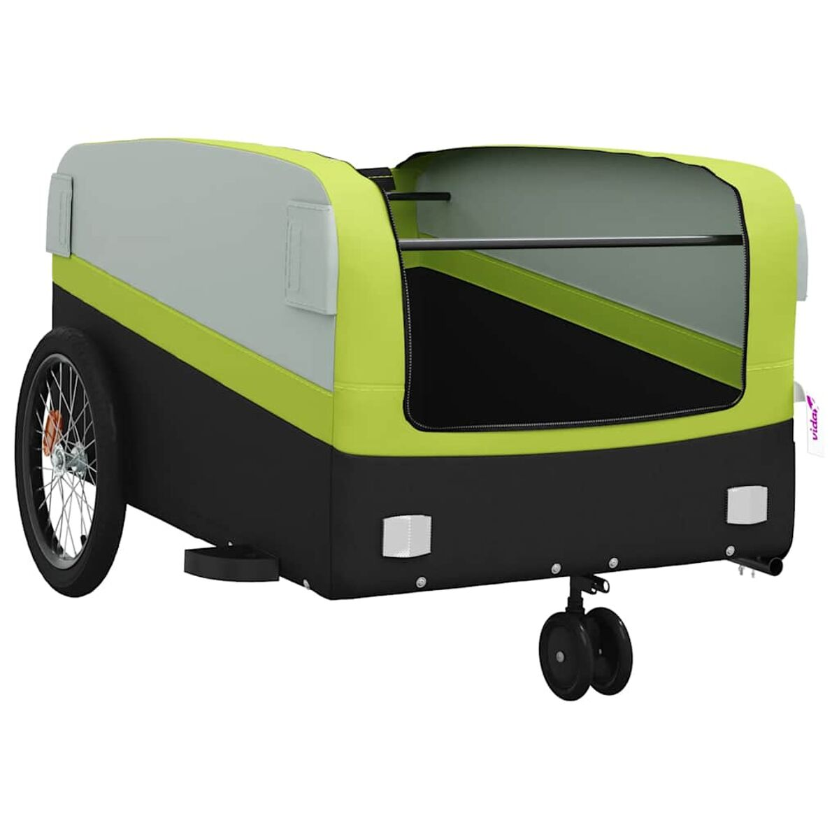 Ein Hundeanhänger mit schwarzem und grünem Körper und einem silbernen Rad, transportbereit.
