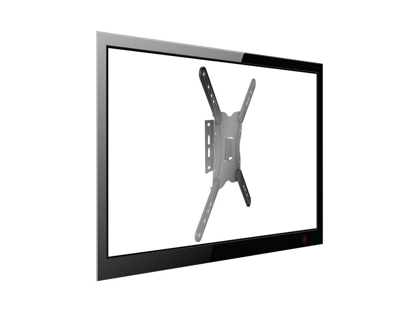 Una TV nera con supporto a parete argentato. Sfondo bianco.