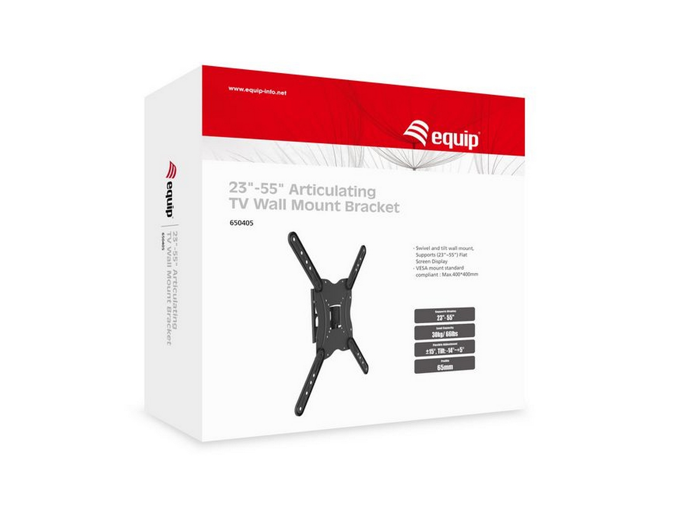 Scatola per un supporto a parete TV, con illustrazione della staffa. Testo: Equip 23"-55" Articulating TV Wall Mount Bracket.