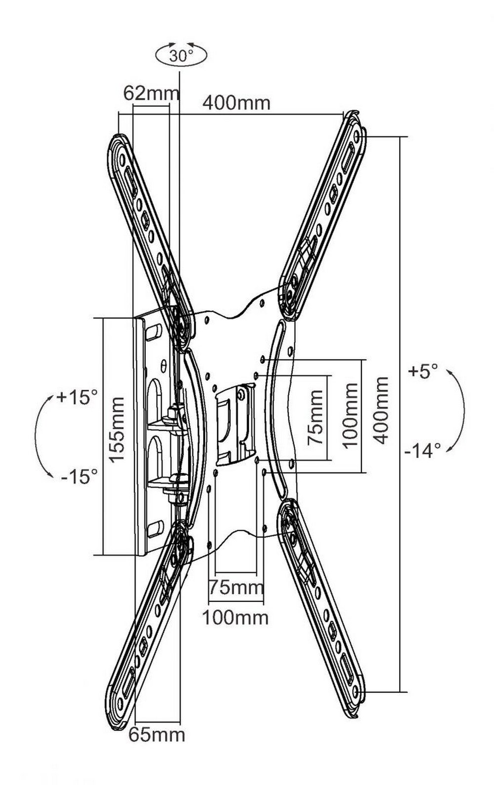 Diagramma di un supporto a parete per TV, con misure, angoli e dimensioni.