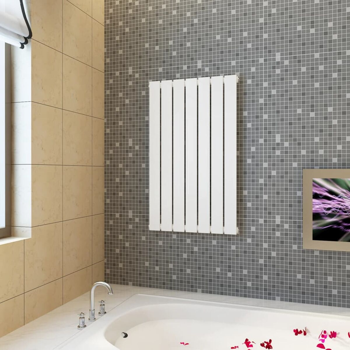 Radiatore bianco su parete piastrellata grigia sopra una vasca da bagno con petali di rosa.