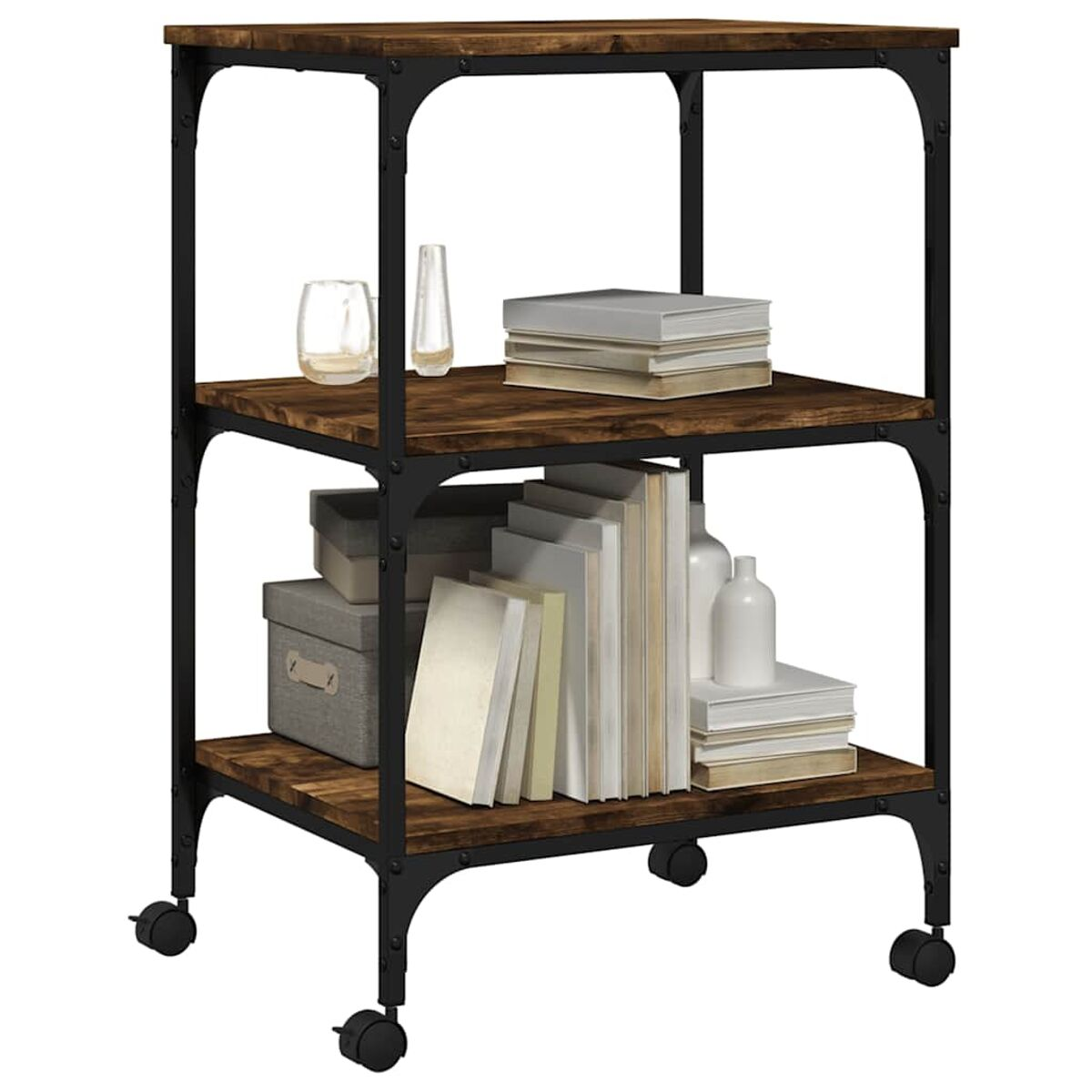 Rollwagen, 3 Regale, braunes Holz, schwarzer Rahmen. Artikel: Bücher, Kisten, Glas, Vase.