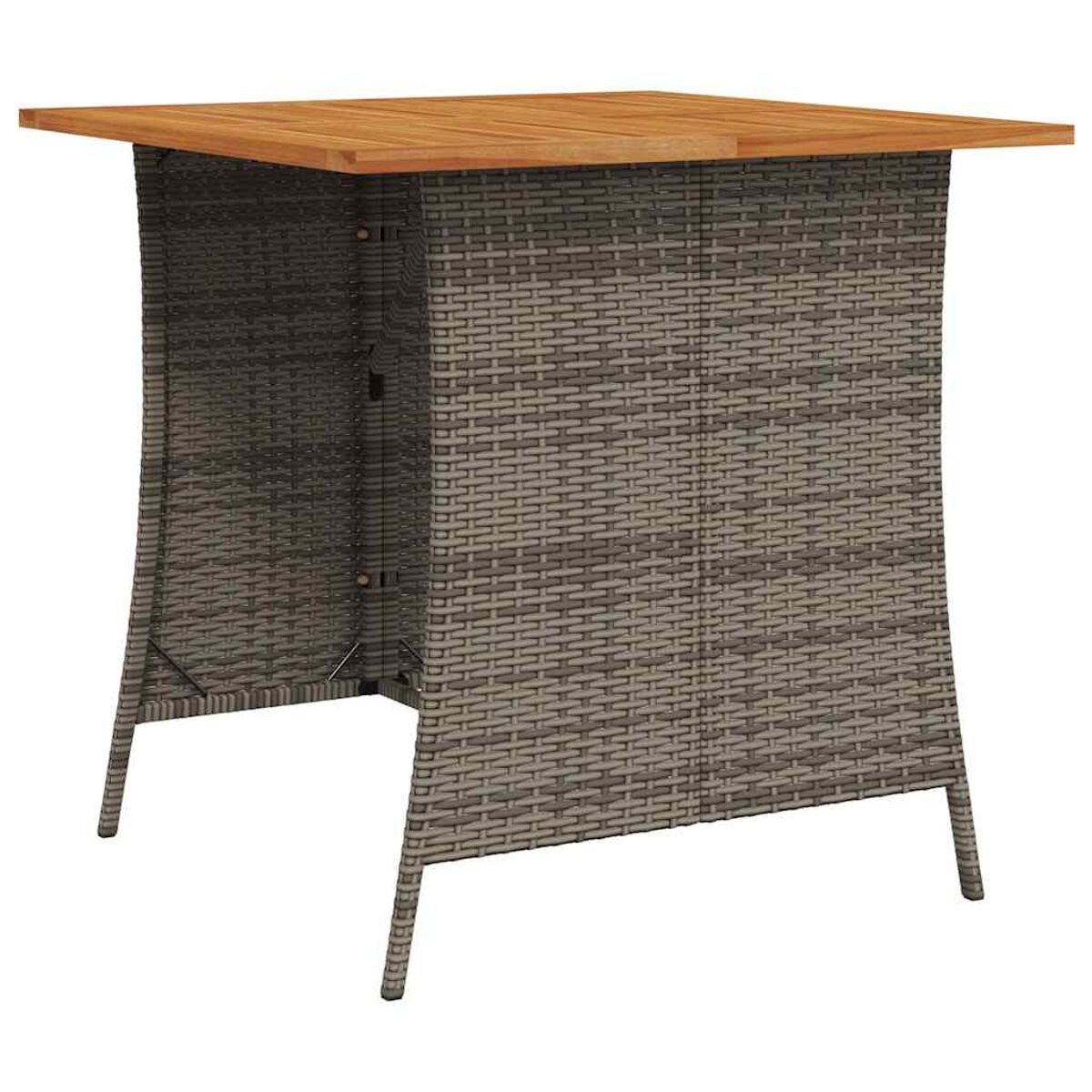 Quadratischer Barhocker für den Außenbereich mit Holzplatte und Rattan-Seiten, isoliert.