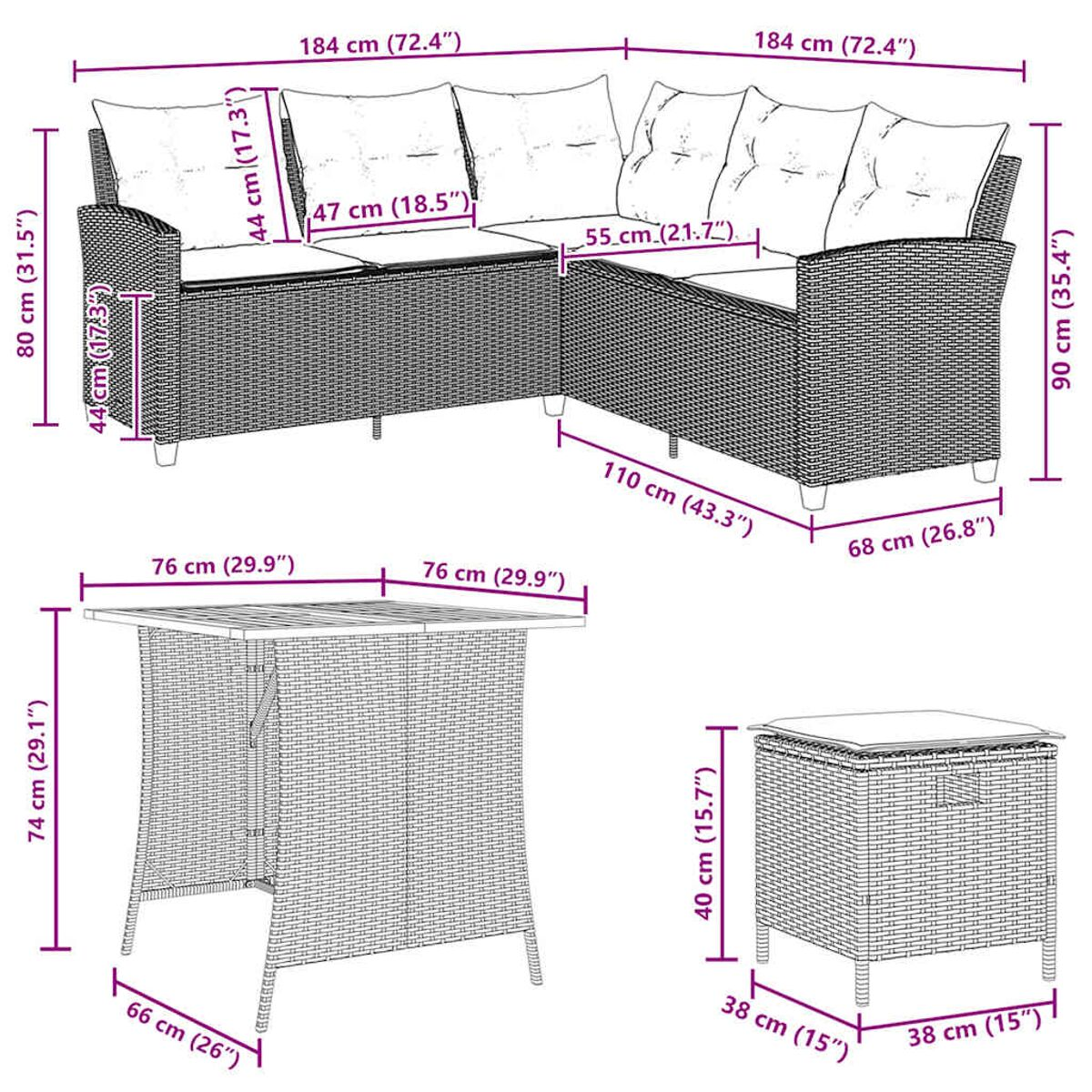 Geflochtenes L-förmiges Sofaset, Tisch und Ottoman mit Maßangaben.