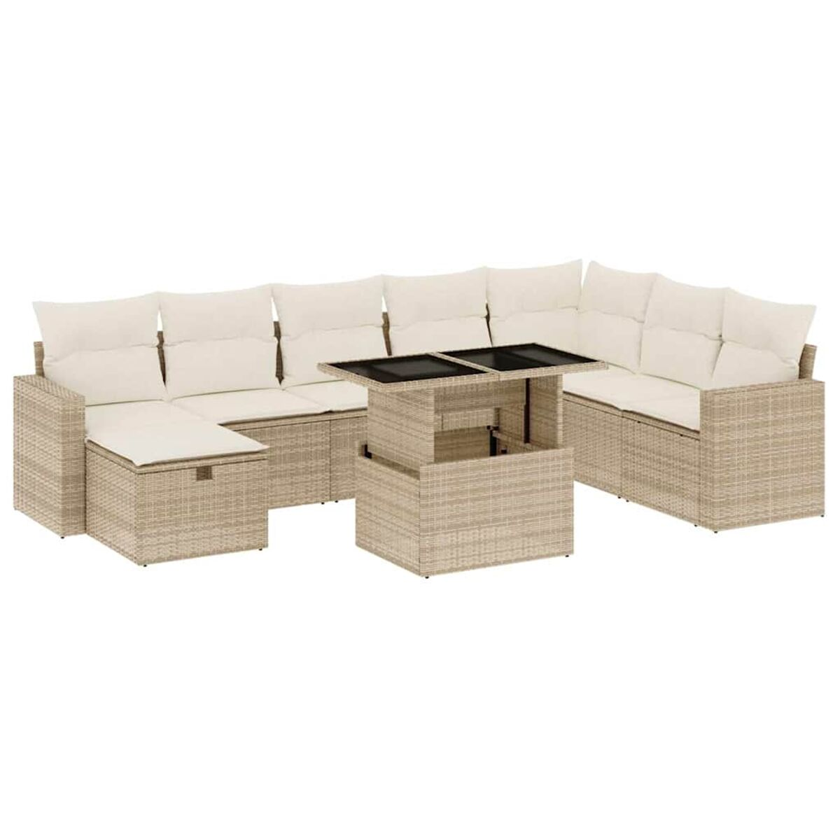 Divano componibile da esterno beige con tavolino sollevabile. Cuscini bianchi con struttura in vimini.