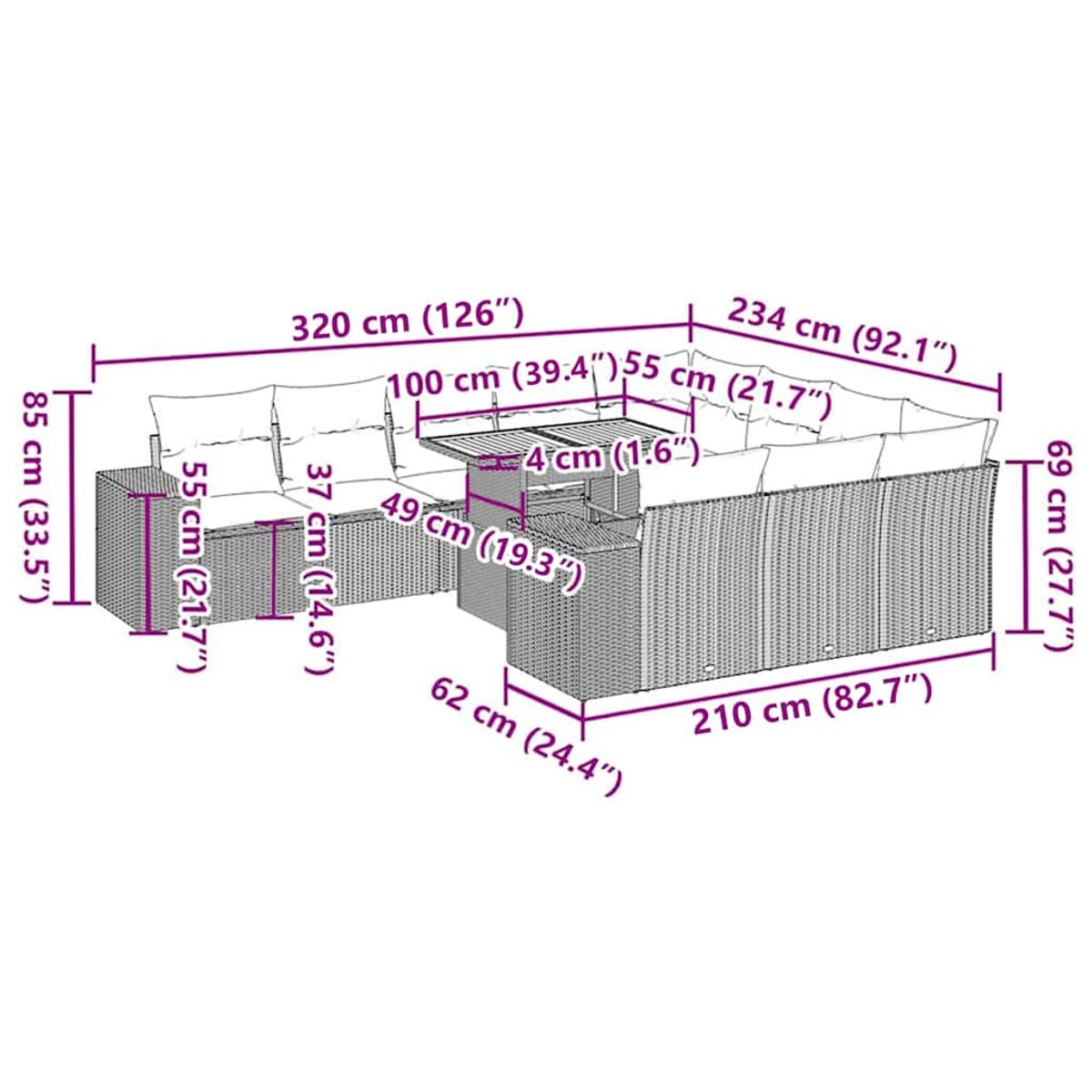 Set di mobili da esterno con dimensioni espresse in centimetri e pollici.