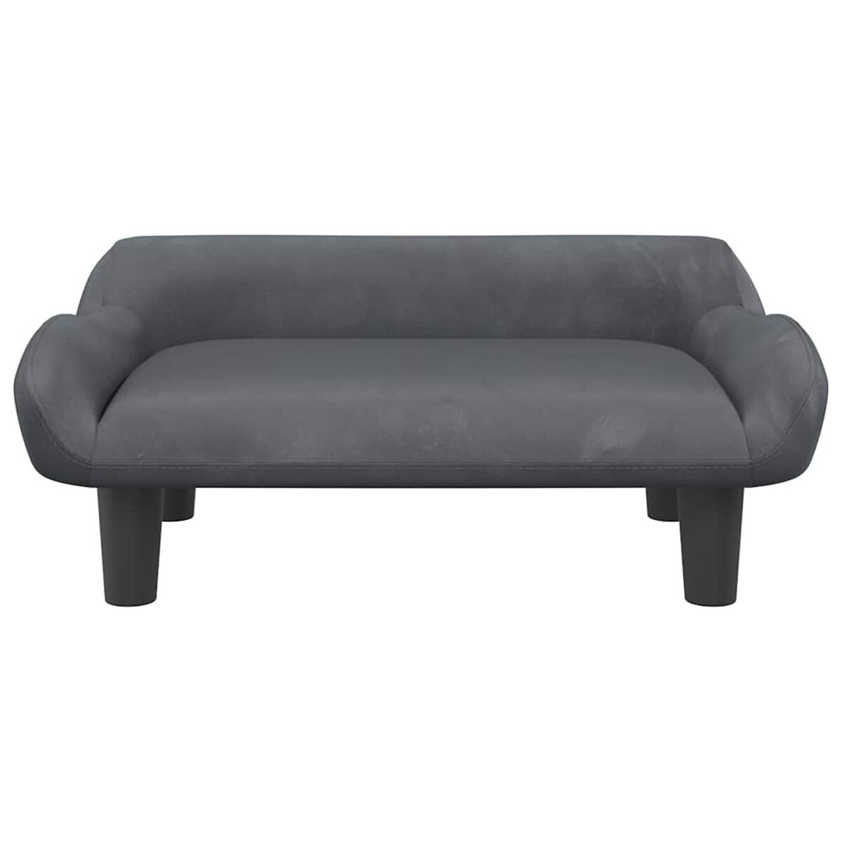 Graues Haustiersofa mit abgerundeten Armen und vier dunklen Beinen.