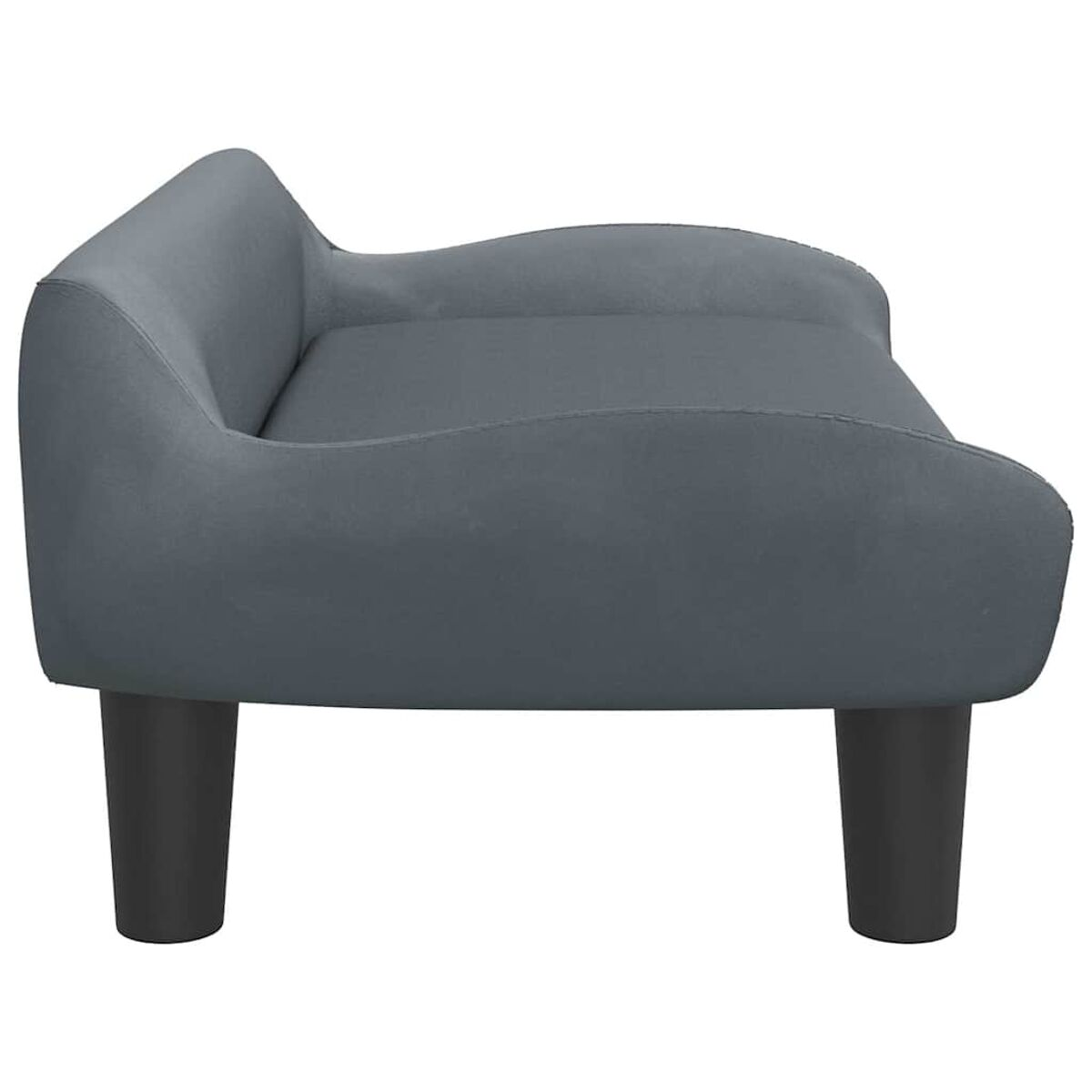 Dunkelgraues Sofa mit zwei Armlehnen. Das Sofa hat eine abgerundete Form. Es steht auf vier Beinen.