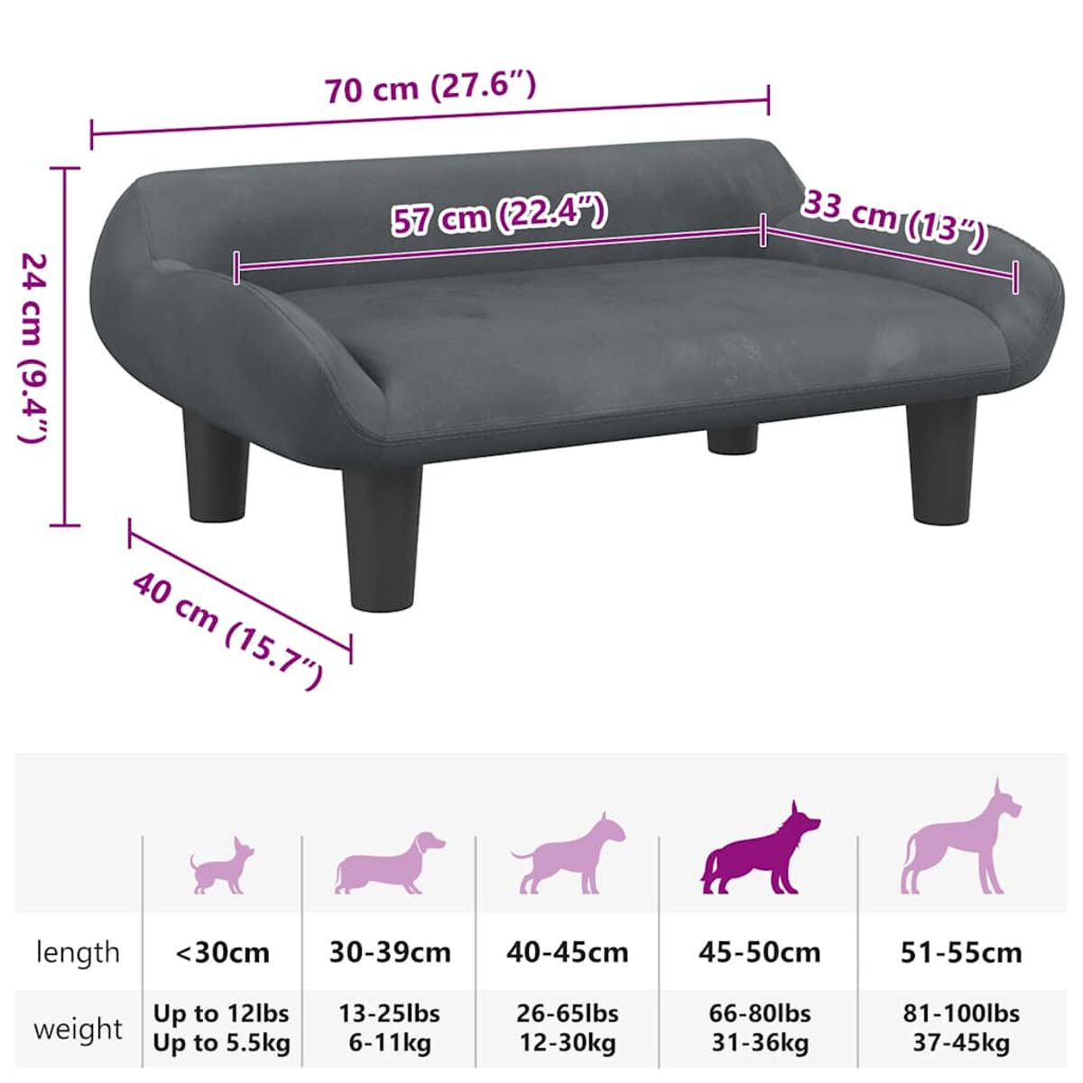Ein graues Hundebett mit Abmessungen und Gewichtstabelle für Hunde unterschiedlicher Größe.