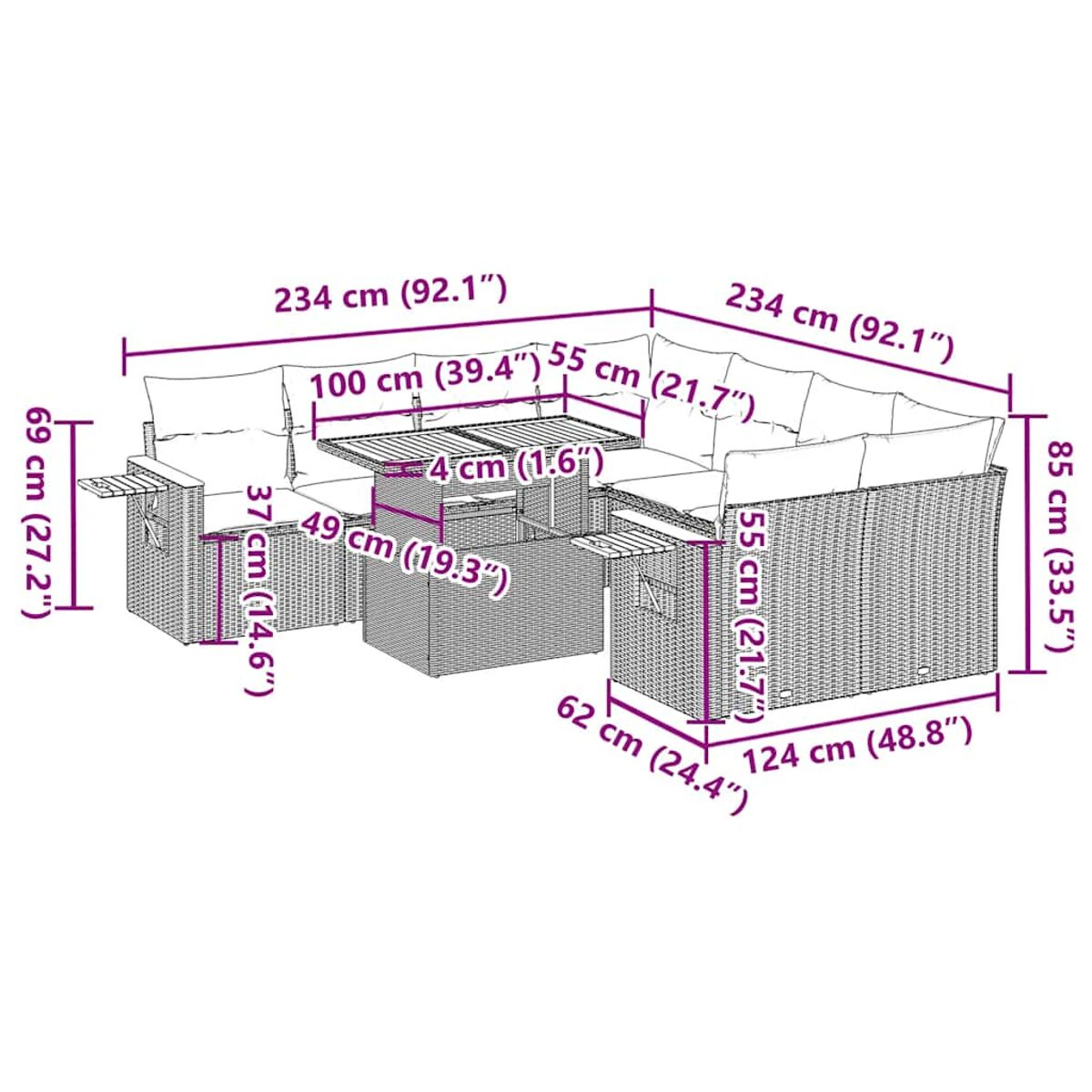 Set in rattan per esterni, dimensioni etichettate.