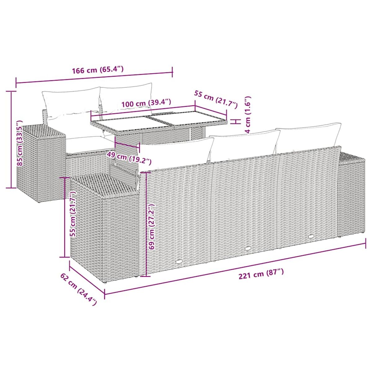 Diagramma che mostra un divano da esterno, con dimensioni espresse in centimetri e pollici.