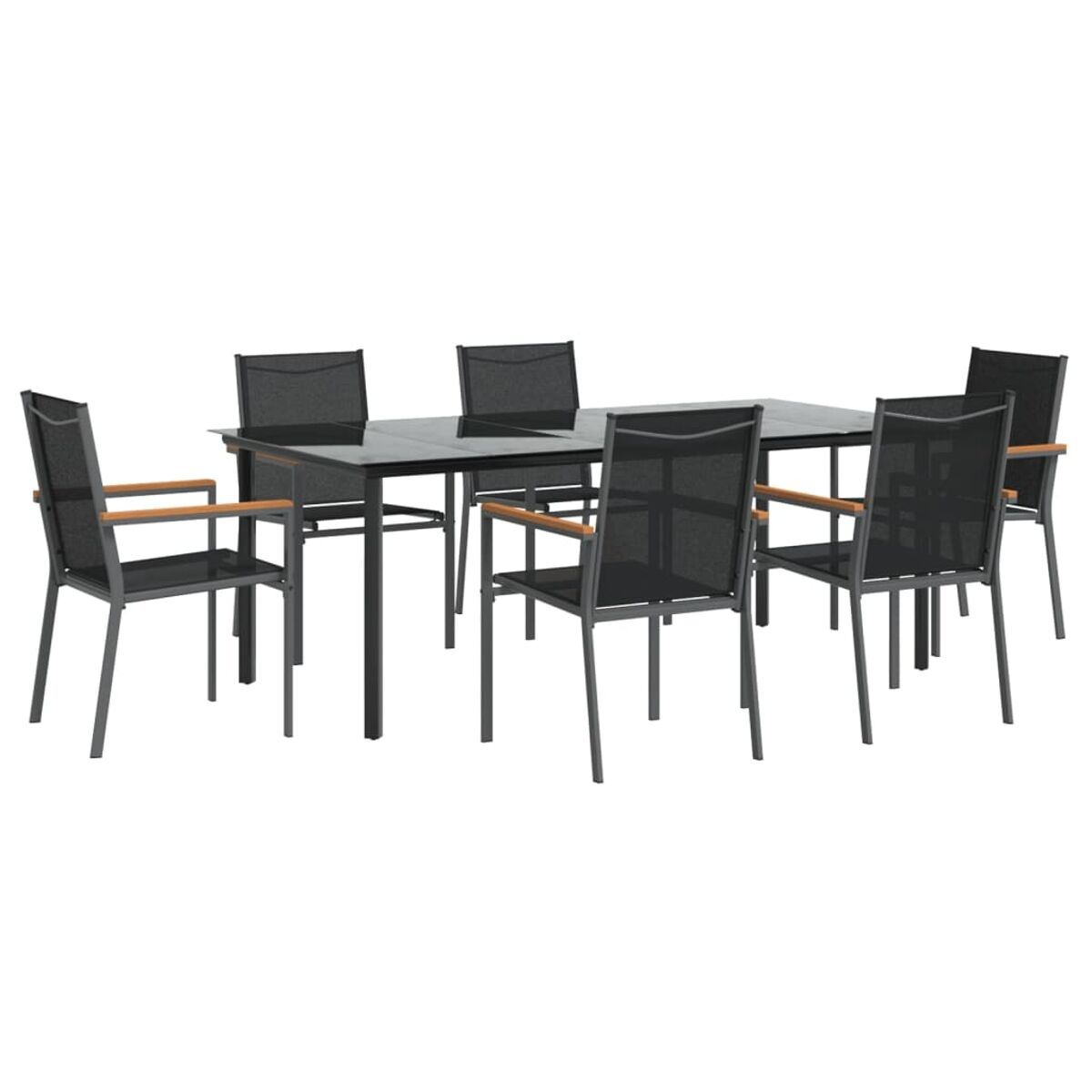 Ein Outdoor-Ess-Set mit einem Tisch mit schwarzer Glasplatte und sechs schwarzen Mesh-Stühlen, auf weißem Grund.