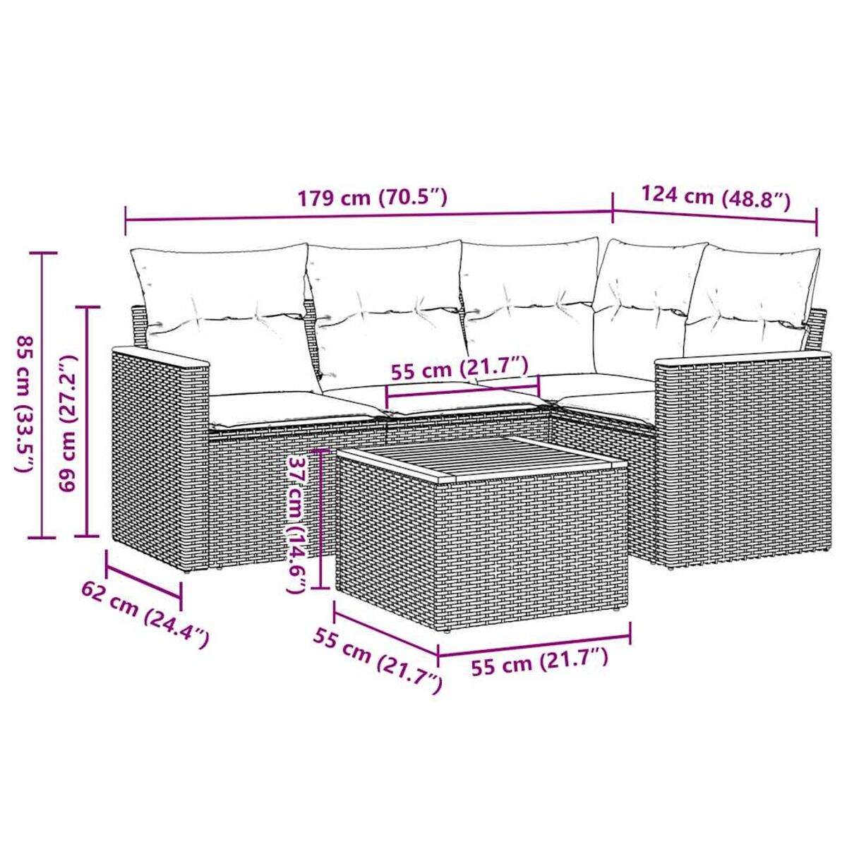 Outdoor-Wicker-Ecksofa mit einem Tisch. Beschriftete Abmessungen auf Sofa und Tisch.