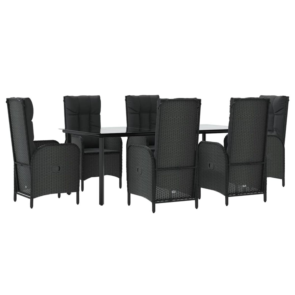 Schwarzes Rattan-Essset für den Außenbereich mit sechs Stühlen. Weißer Hintergrund.