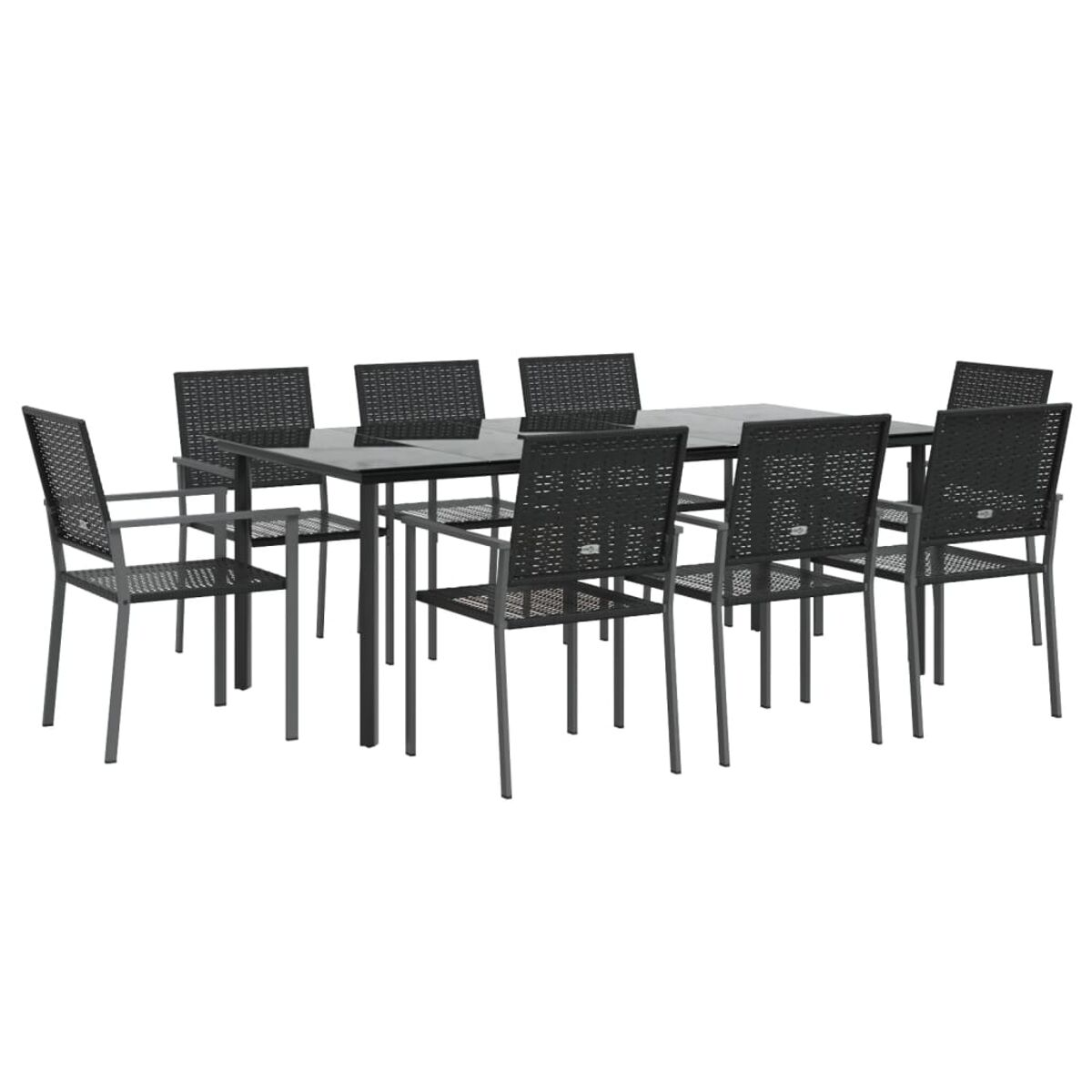 Essgruppe im Freien mit schwarzen Metallstühlen um einen rechteckigen Tisch. Weißer Hintergrund.