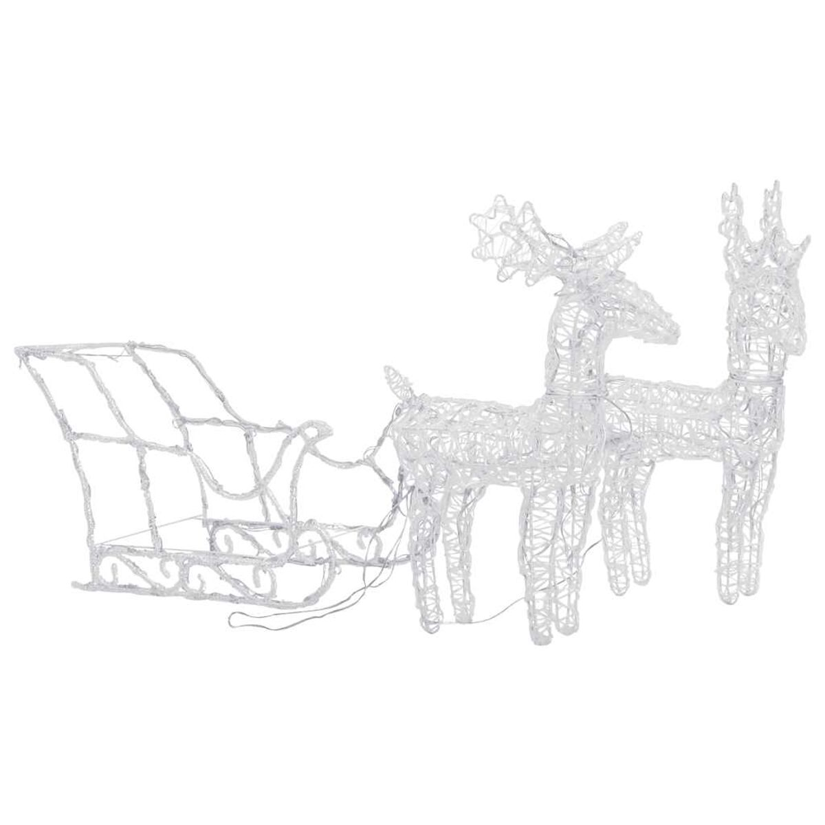 Weiße Draht-Rentier- und Schlitten-Weihnachtsdekorationen, isoliert auf weißem Hintergrund.